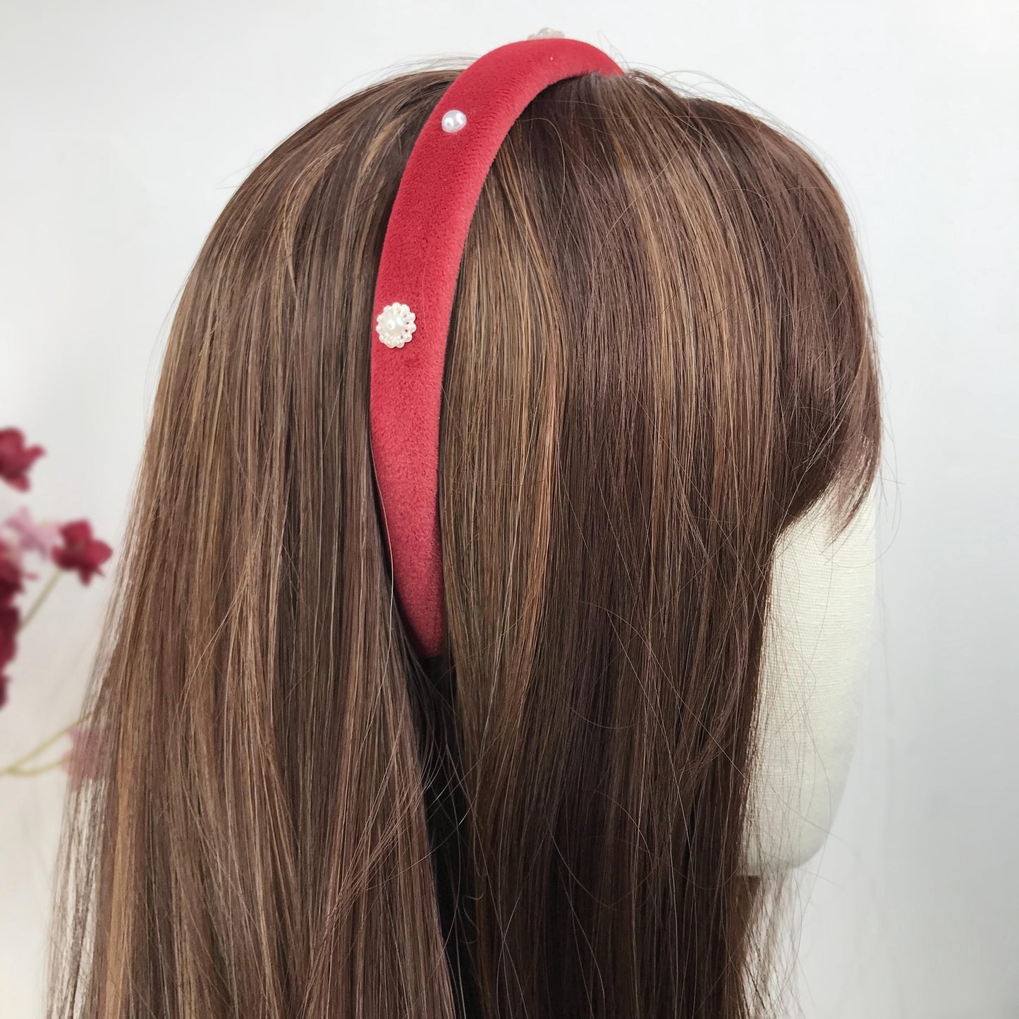 Handmade Red Velvet Faux Cream Pearl Floral Flower Statement Headband