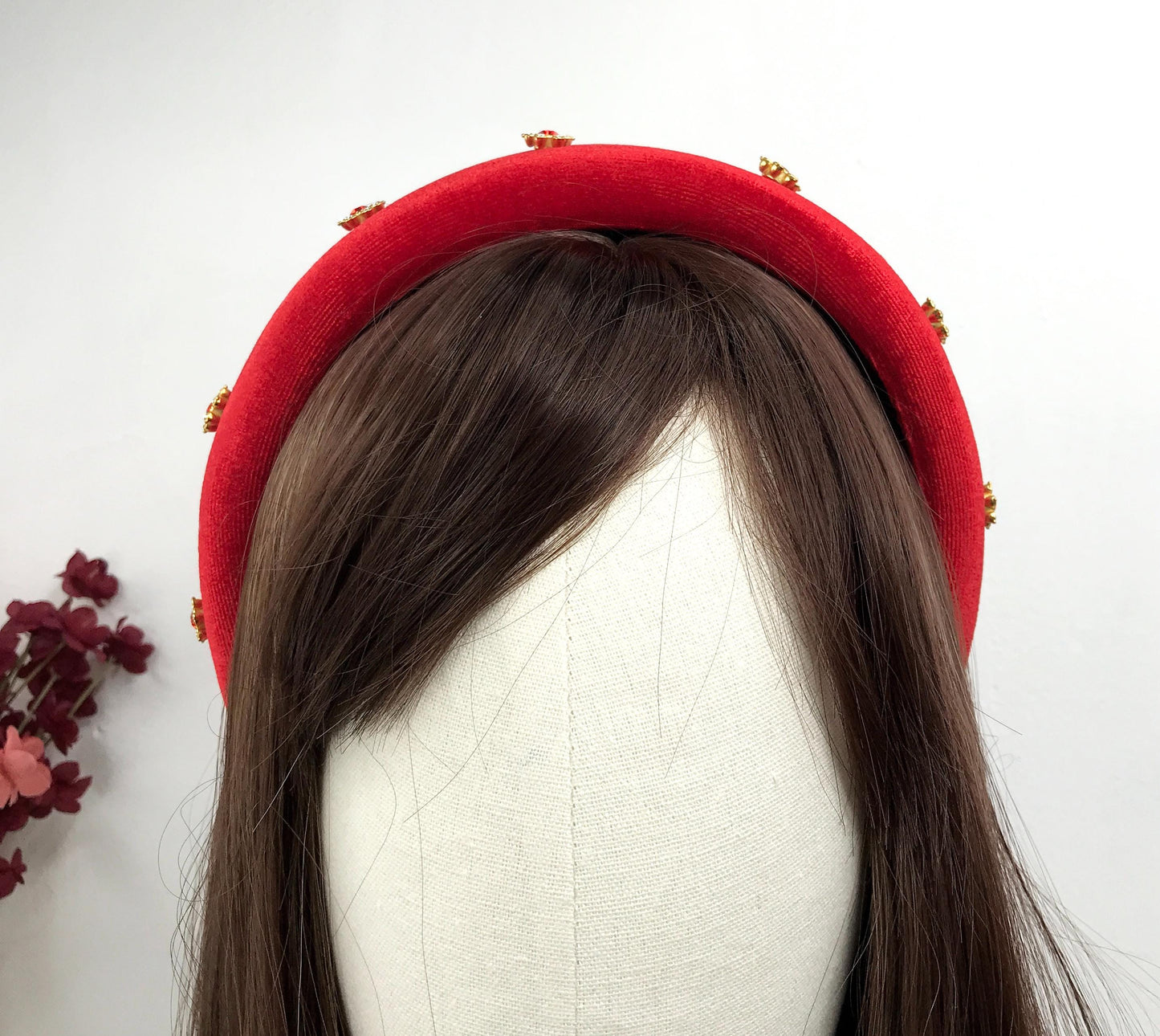 Handmade Red Velvet Gold Plated Clear Red Crystal Floral Flower Thick Statement Headband