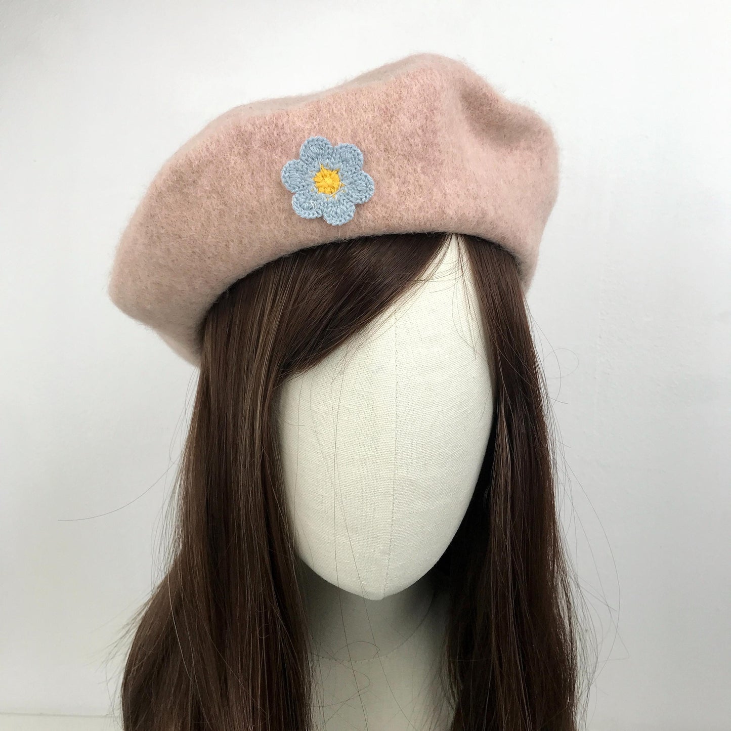 Light Pink Wool Blue Yellow Daisy Floral Flower Cute French Style Chic Beret Hat