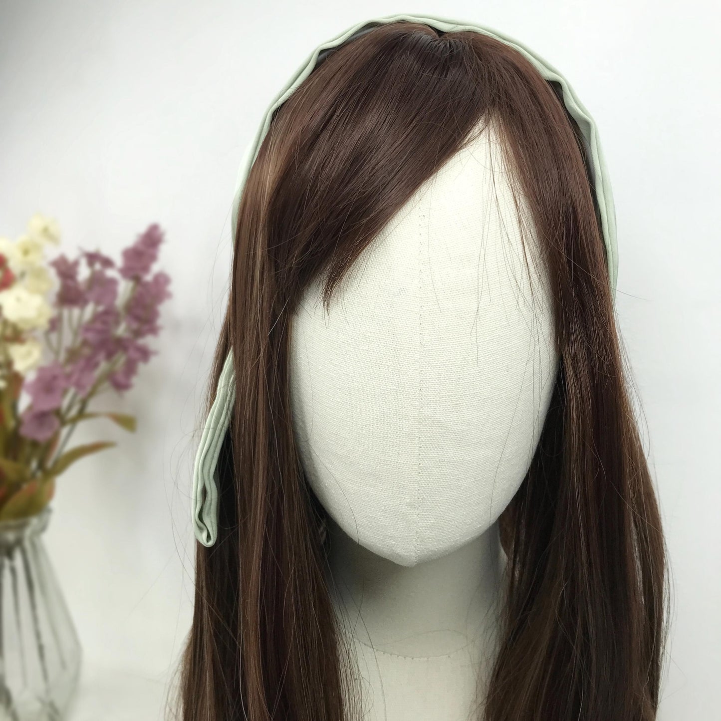 Handmade Sage Green Satin Side Flowing Ribbon Statement Feminine Headband Vintage 60s Audrey Hepburn Inspired