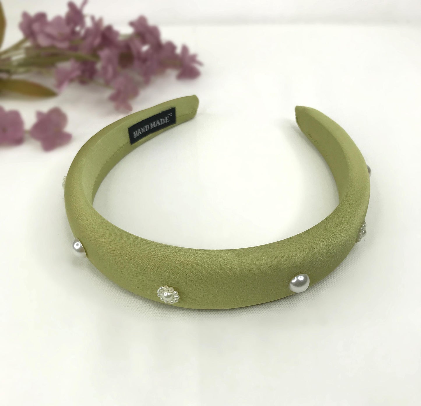 Handmade Light Olive Green Satin Faux Cream Pearl Round Circle Floral Flower Statement Headband