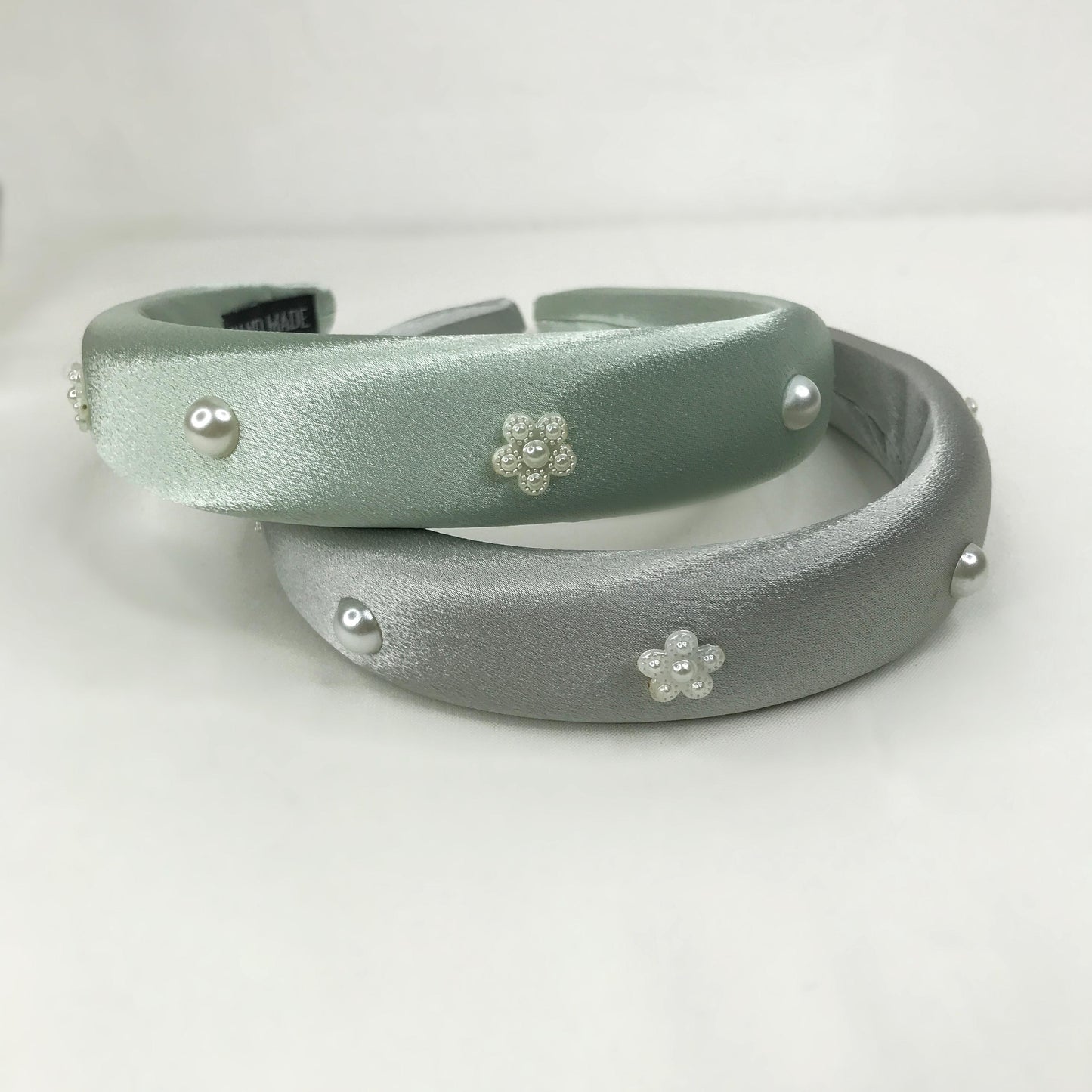 Handmade Silver Grey Satin Faux Cream Pearl Round Circle Floral Flower Statement Headband