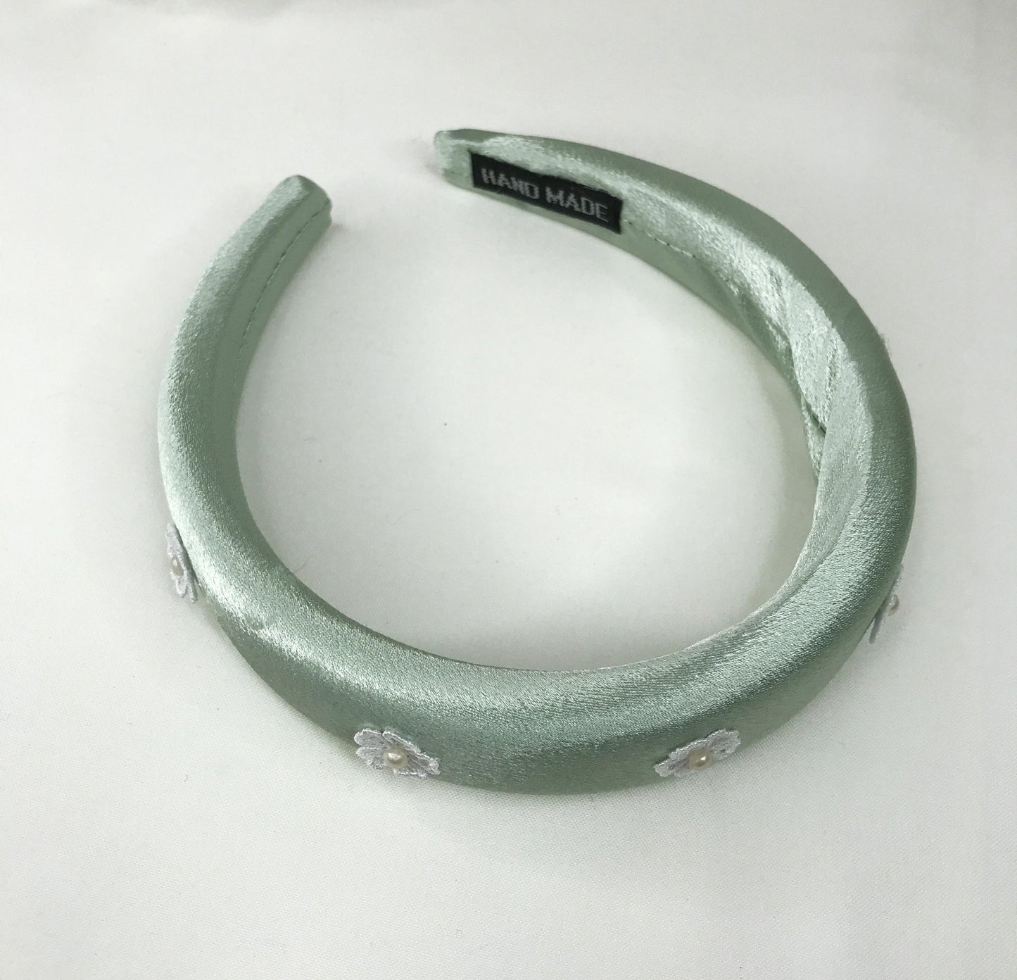 Handmade Mint Green Satin Faux Cream Pearl Round Circle Vintage White Lace Floral Flower Statement Headband