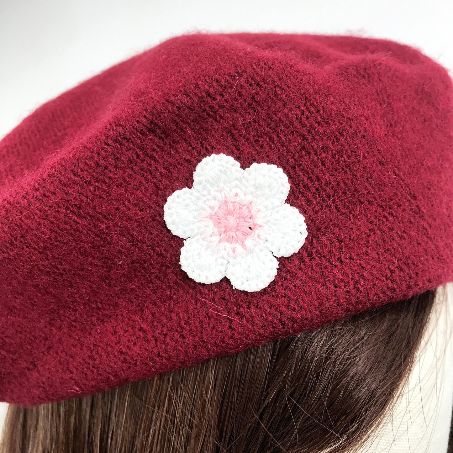 Burgundy Red Wool White Pink Daisy Floral Flower Cute French Style Chic Beret Hat
