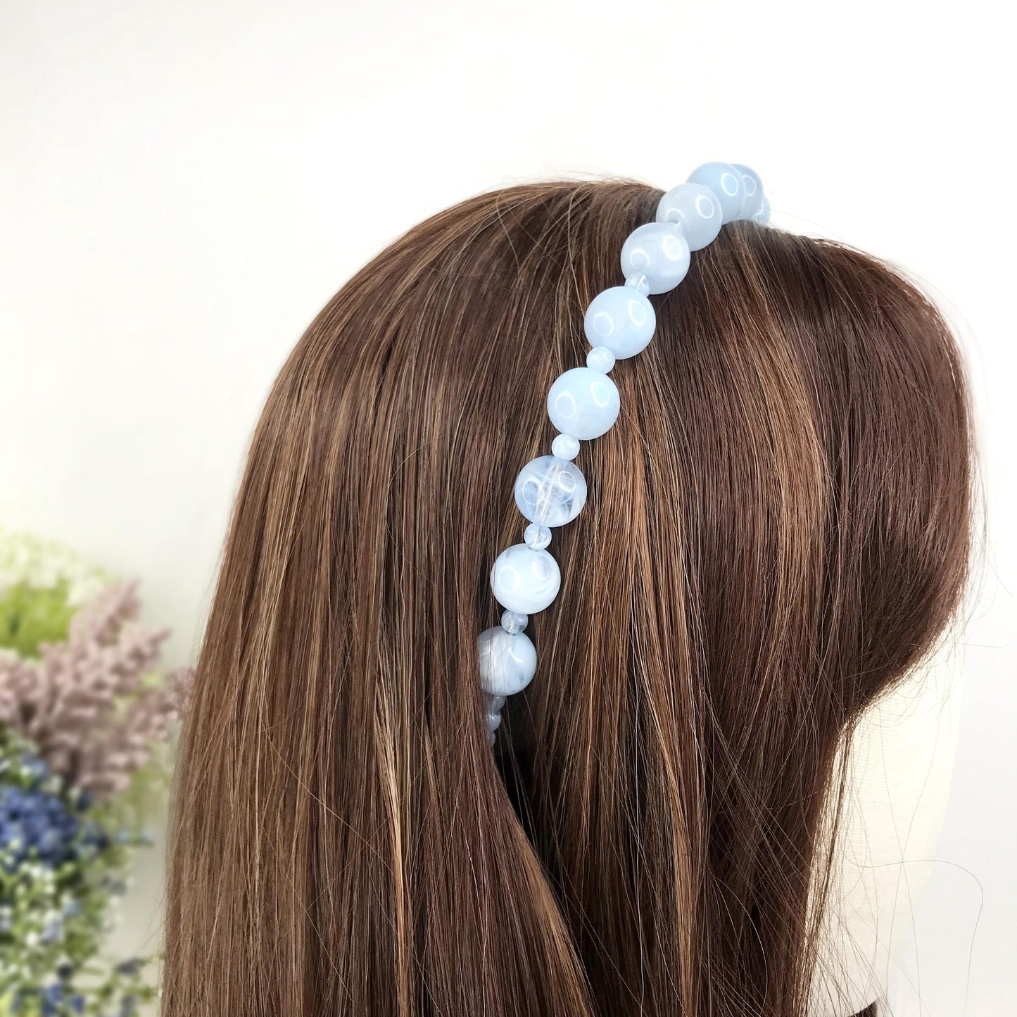 Handmade Powder Blue Round Circle Marble Effect Resin Beads Statement Headband