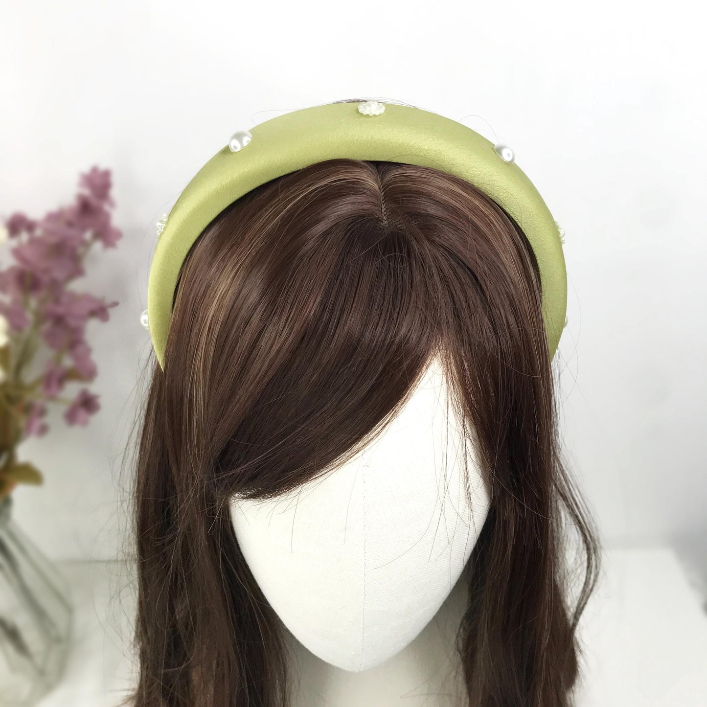 Handmade Light Olive Green Satin Faux Cream Pearl Round Circle Floral Flower Statement Headband