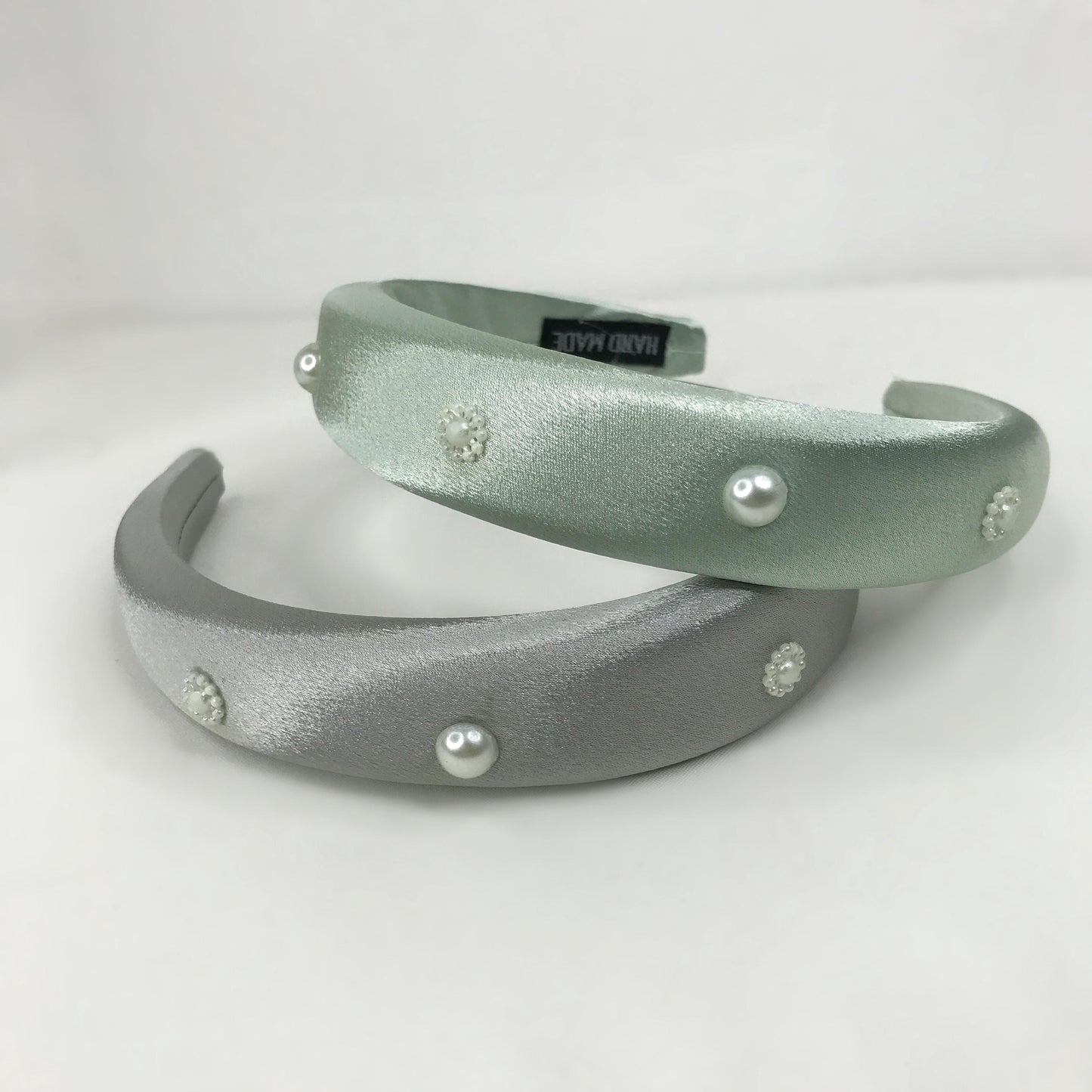 Handmade Mint Green Satin Faux Cream Pearl Round Circle Floral Flower Statement Headband