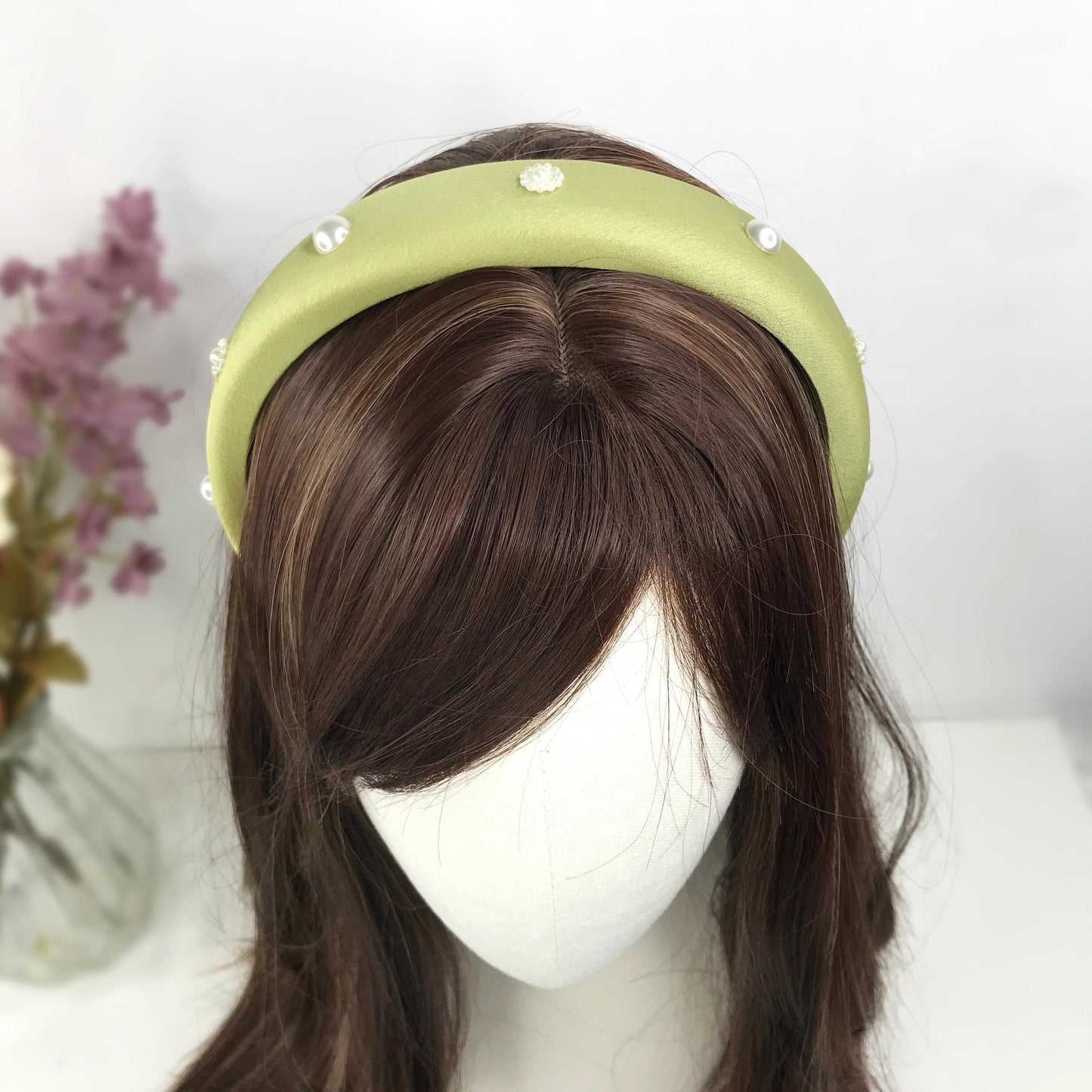 Handmade Light Olive Green Satin Faux Cream Pearl Round Circle Floral Flower Statement Headband