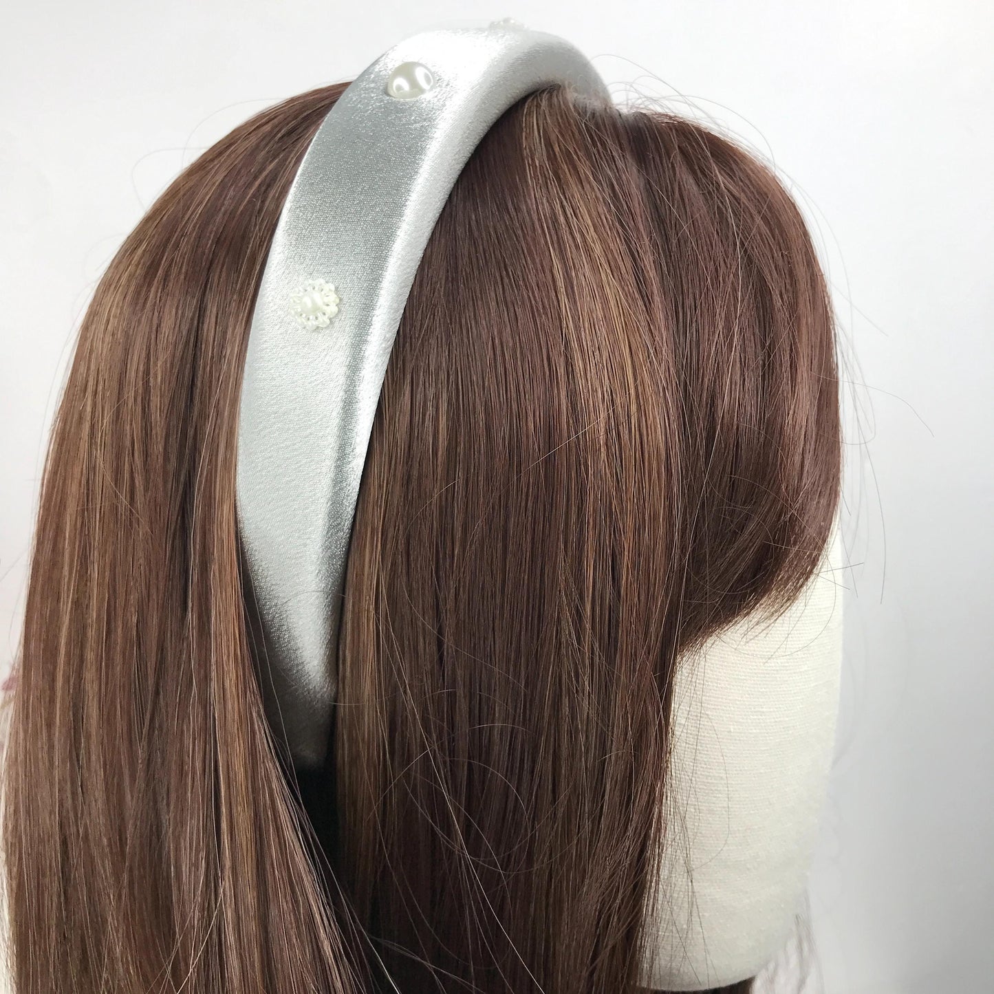 Handmade Silver Grey Satin Faux Cream Pearl Round Circle Floral Flower Statement Headband