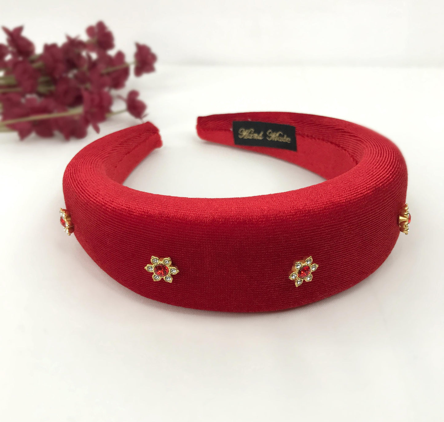 Handmade Red Velvet Gold Plated Clear Red Crystal Floral Flower Thick Statement Headband