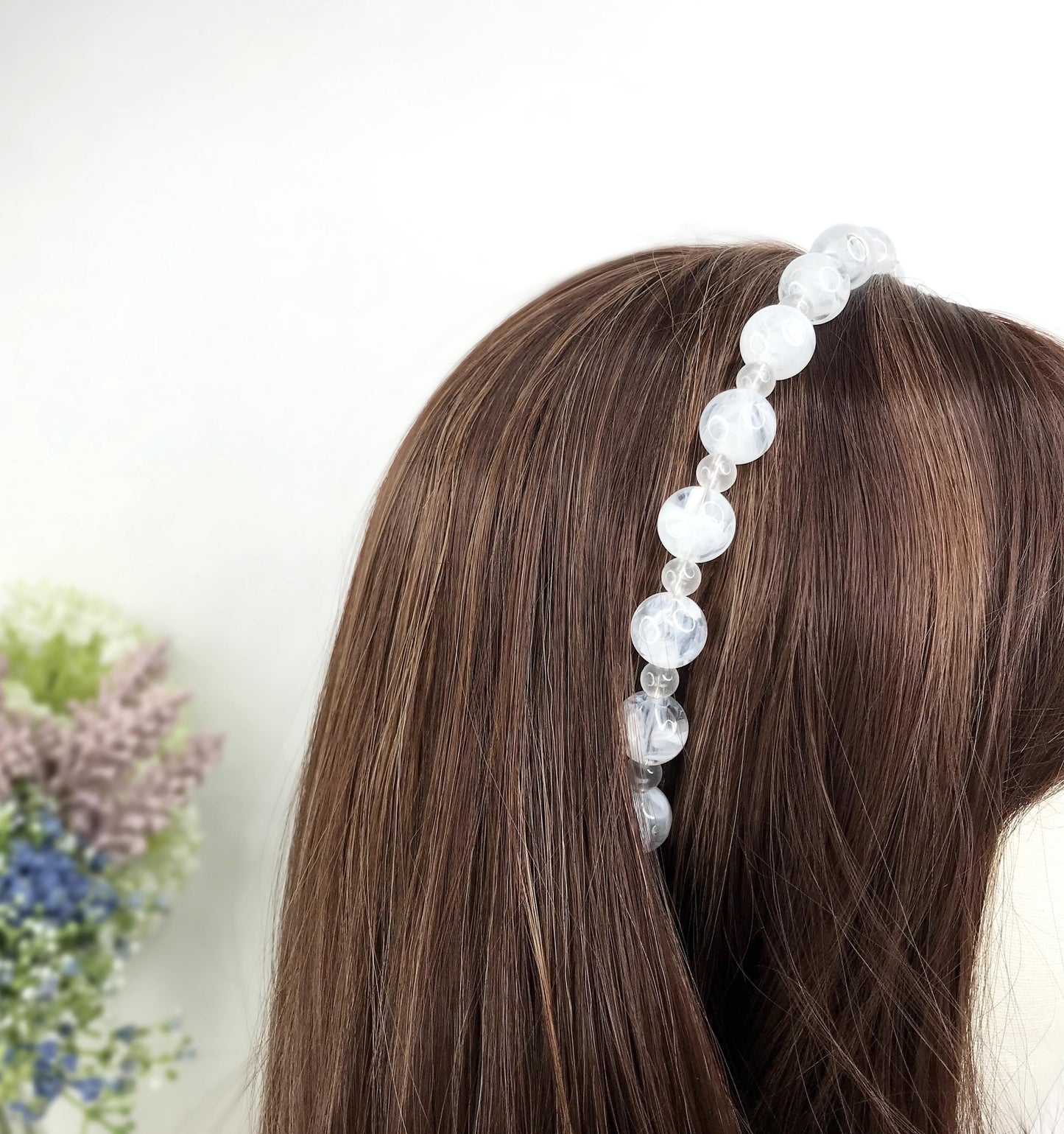 Handmade White Round Circle Marble Effect Resin Beads Statement Headband
