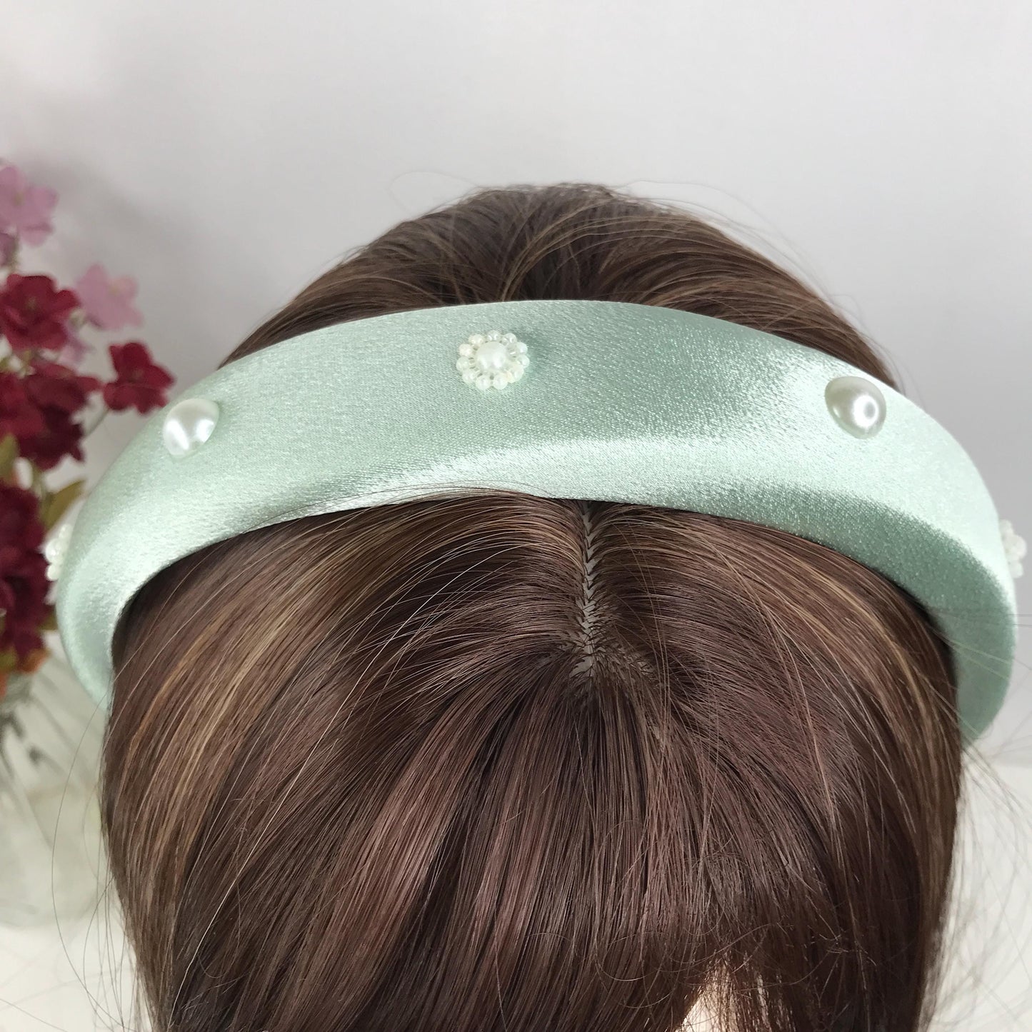 Handmade Mint Green Satin Faux Cream Pearl Round Circle Floral Flower Statement Headband
