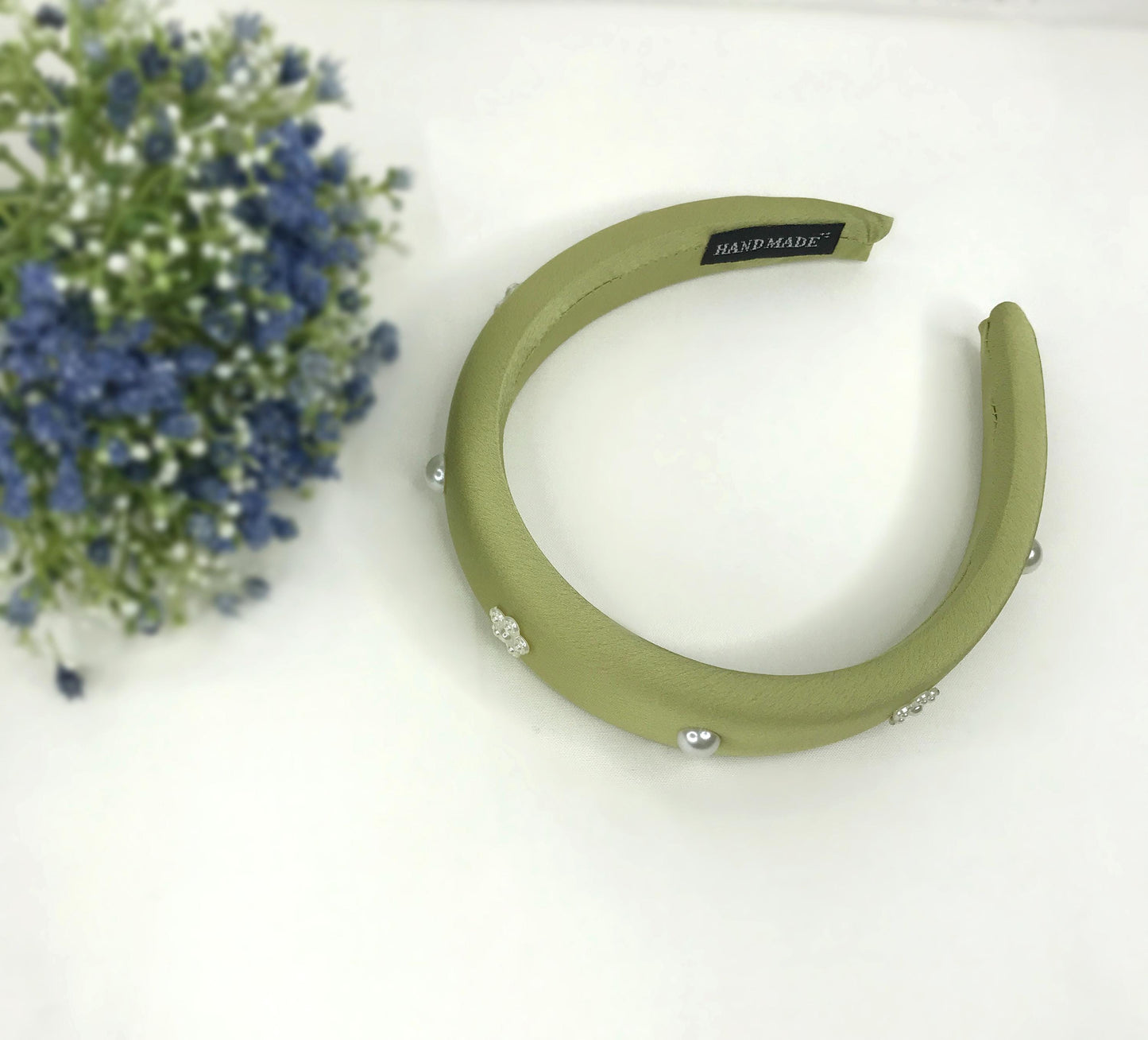 Handmade Light Olive Green Satin Faux Cream Pearl Round Circle Floral Flower Statement Headband