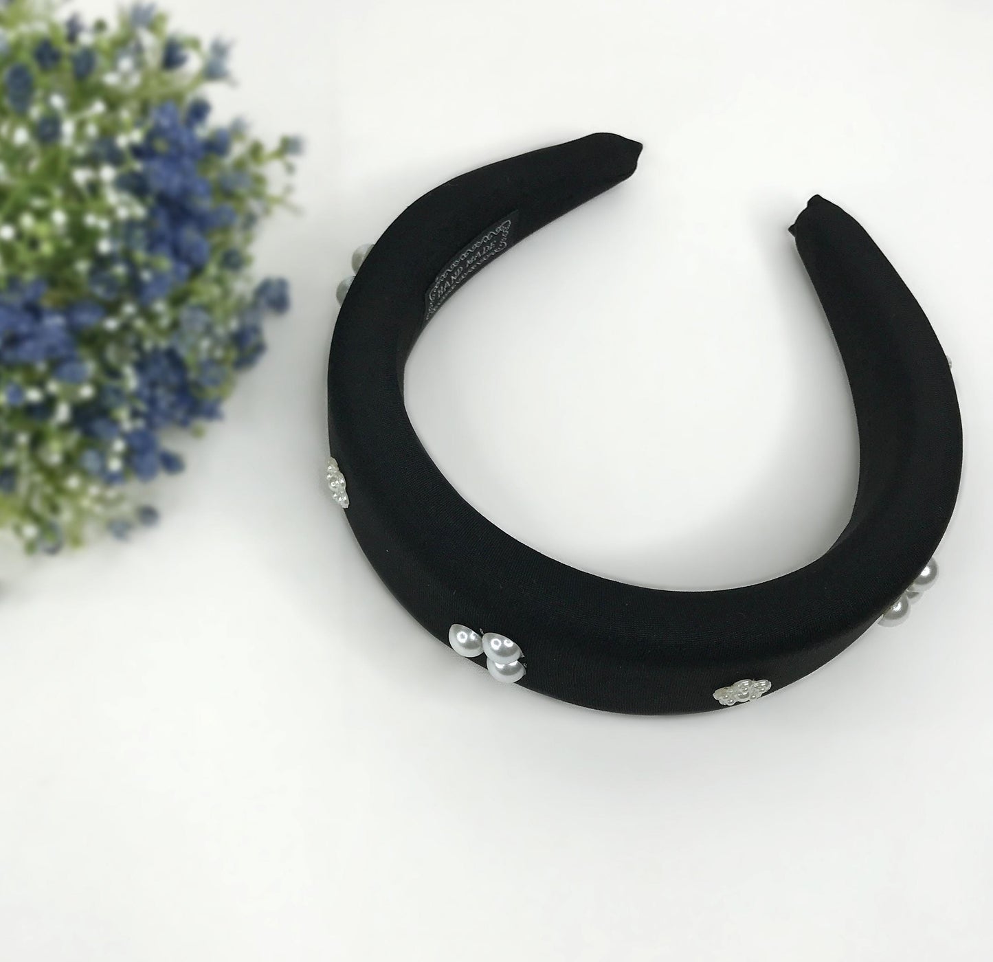 Handmade Black Satin Round Circle Faux Cream Three Pearl Floral Flower Thick Statement Tudor Headband Anne Boleyn Inspired
