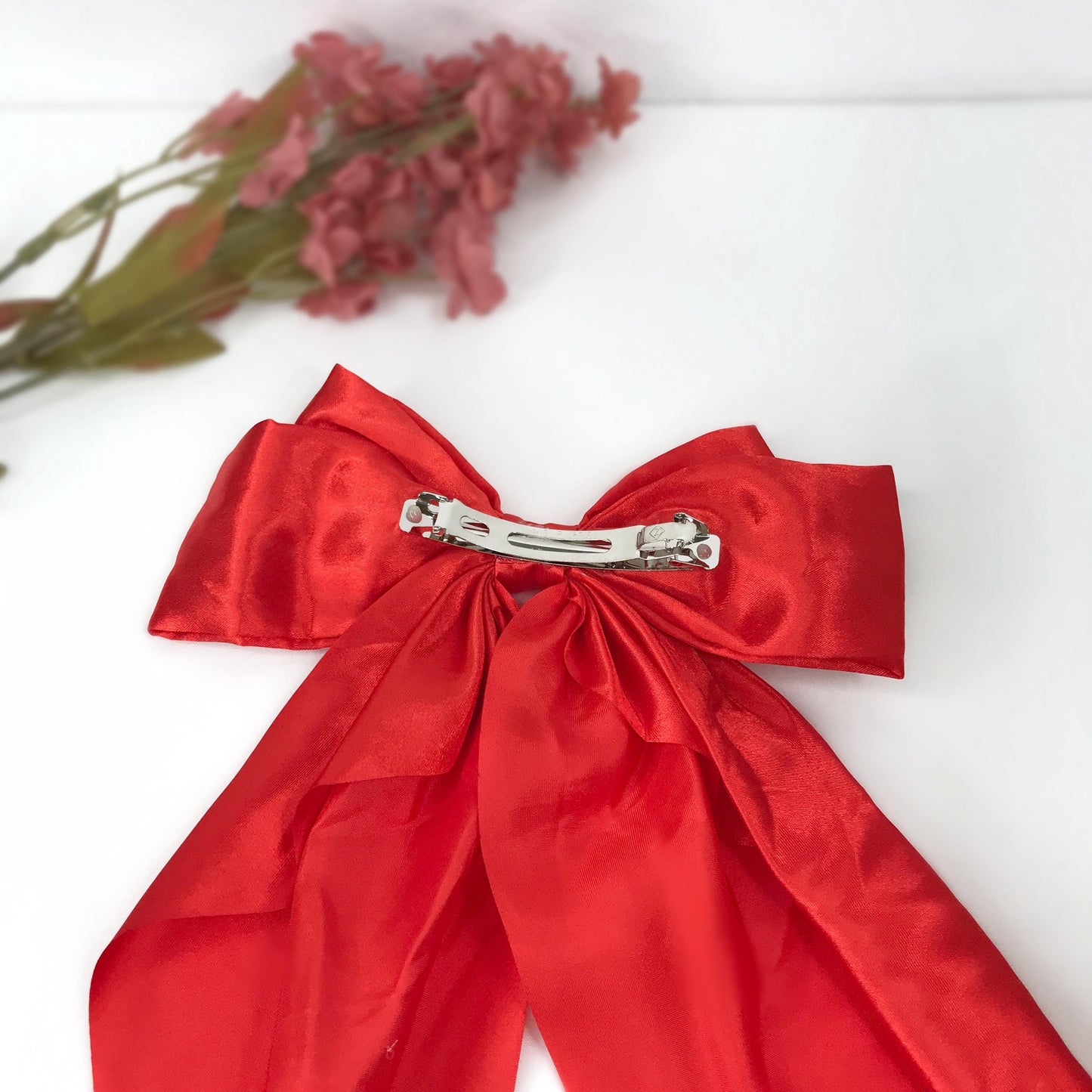 Handmade Red Satin White Small Dainty Victorian Style Cameo Feminine Oversized Large Statement Ribbon Bow Barrette Hair Clip