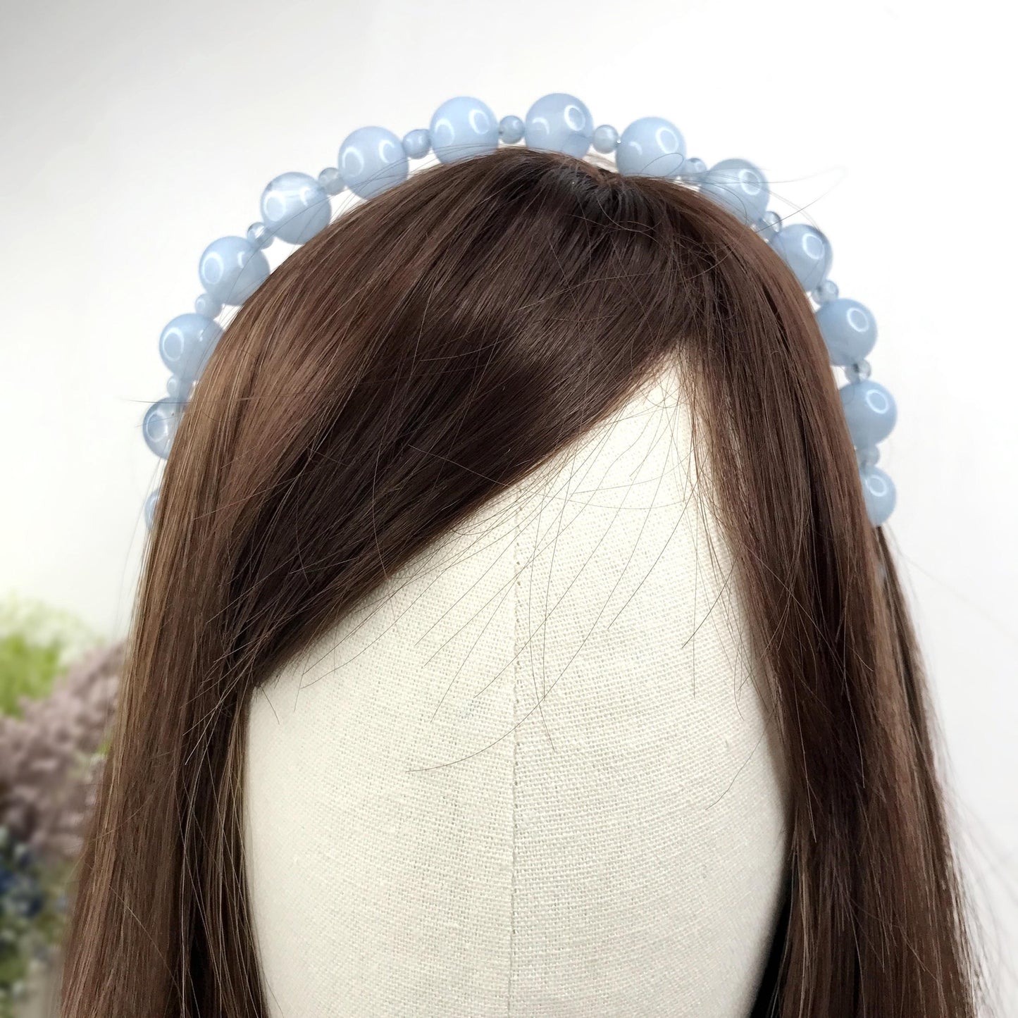 Handmade Powder Blue Round Circle Marble Effect Resin Beads Statement Headband