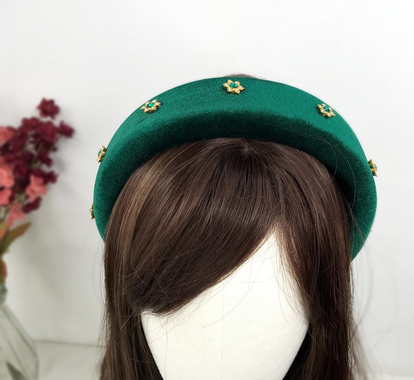 Handmade Green Velvet Gold Plated Clear Emerald Green Crystal Floral Flower Thick Statement Headband