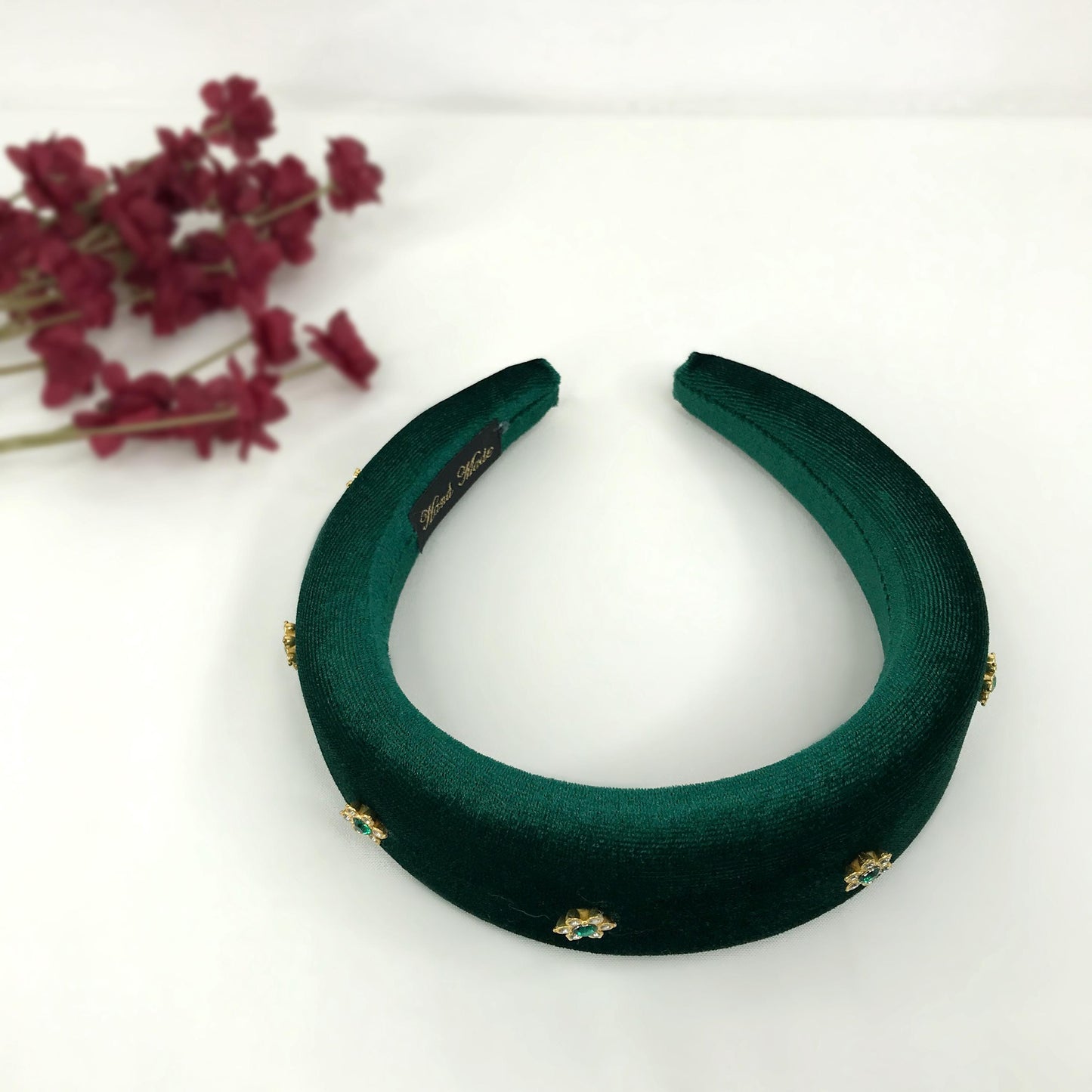 Handmade Green Velvet Gold Plated Clear Emerald Green Crystal Floral Flower Thick Statement Headband