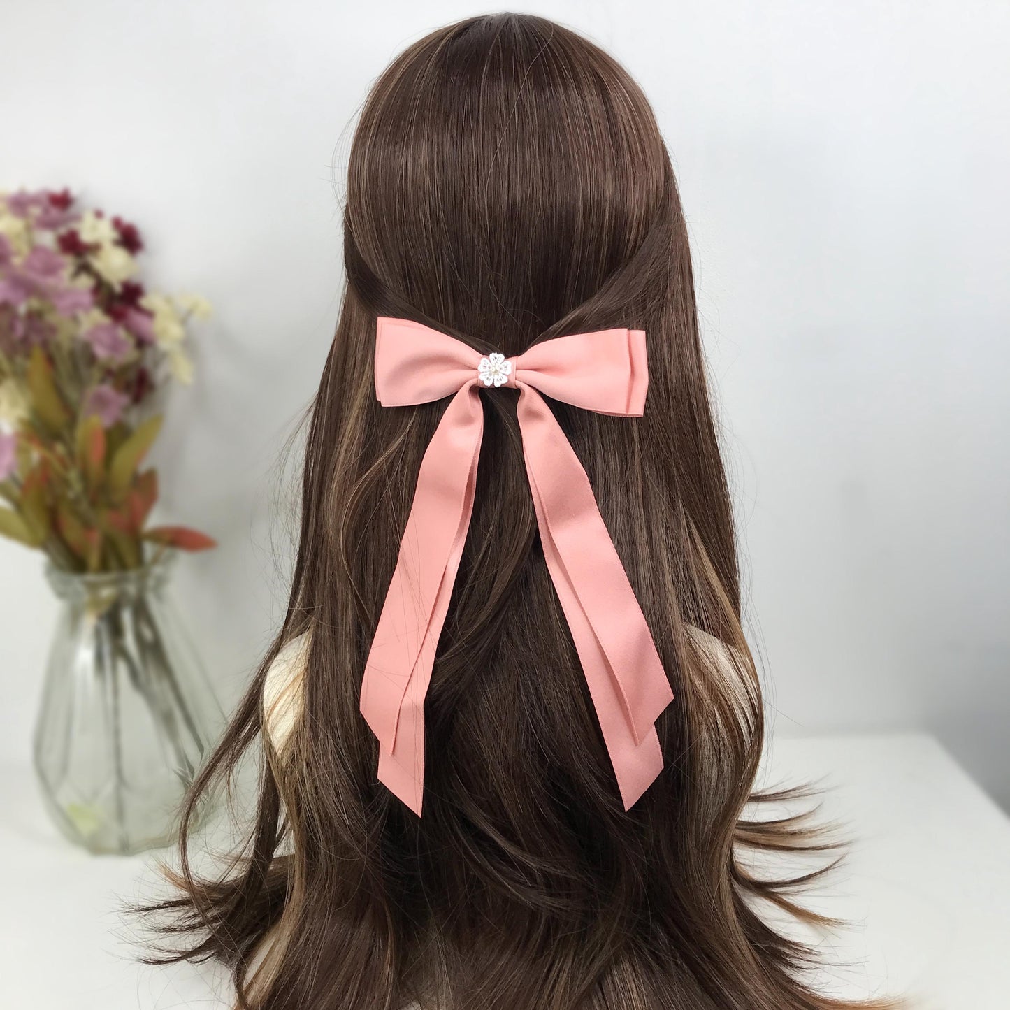 Handmade Pink Satin Small White Vintage Lace Floral Flower Cream Faux Pearl Feminine Large Statement Ribbon Bow Hair Clip