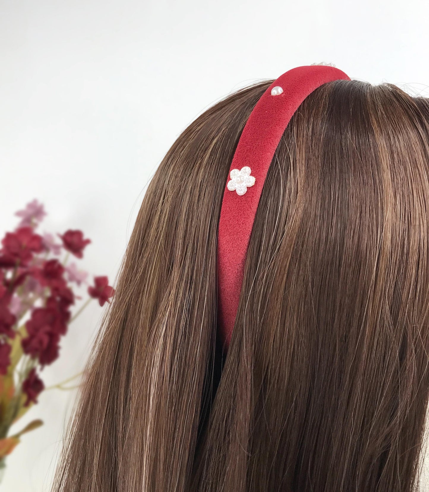 Handmade Red Velvet Faux Cream Pearl Floral Flower Statement Headband