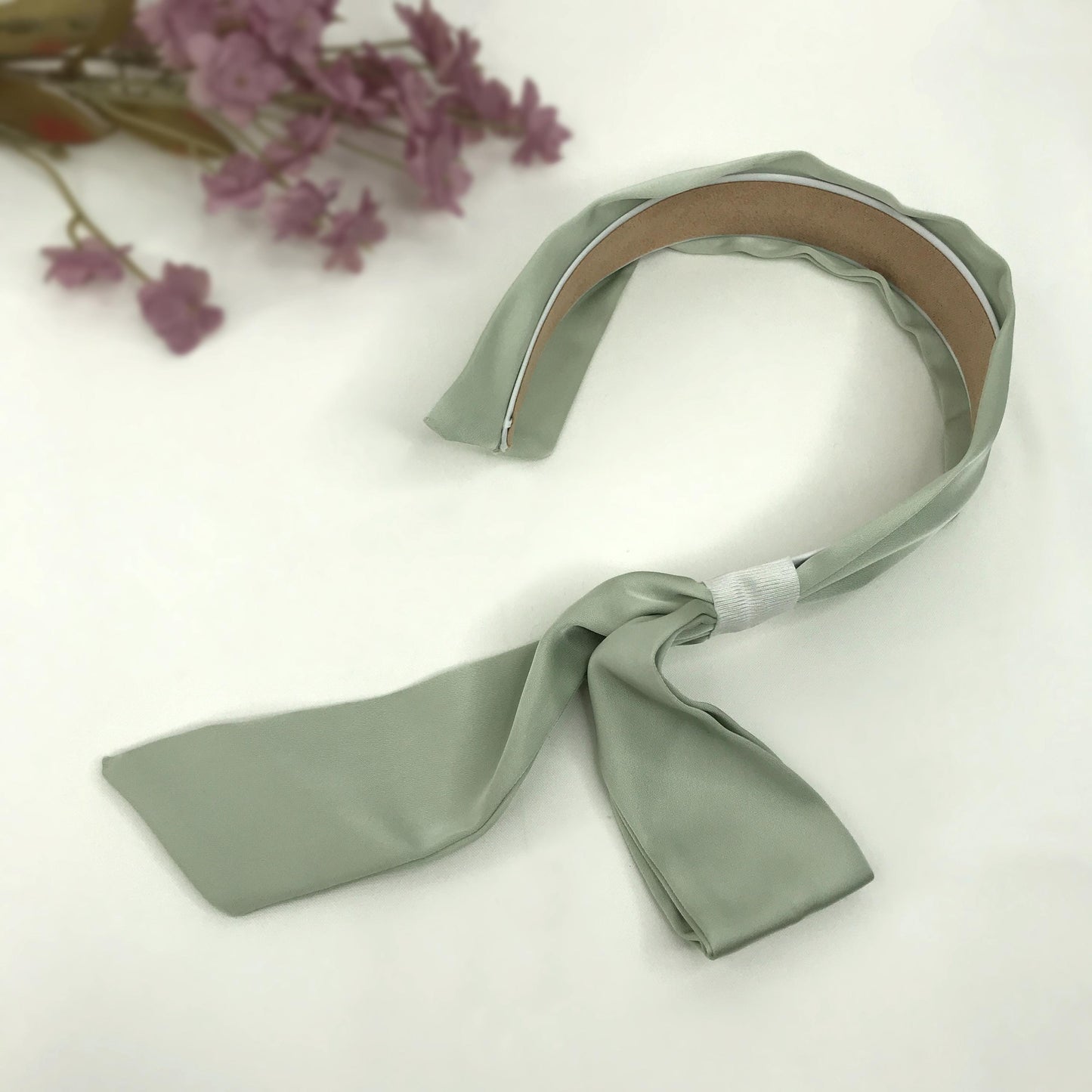 Handmade Sage Green Satin Side Flowing Ribbon Statement Feminine Headband Vintage 60s Audrey Hepburn Inspired