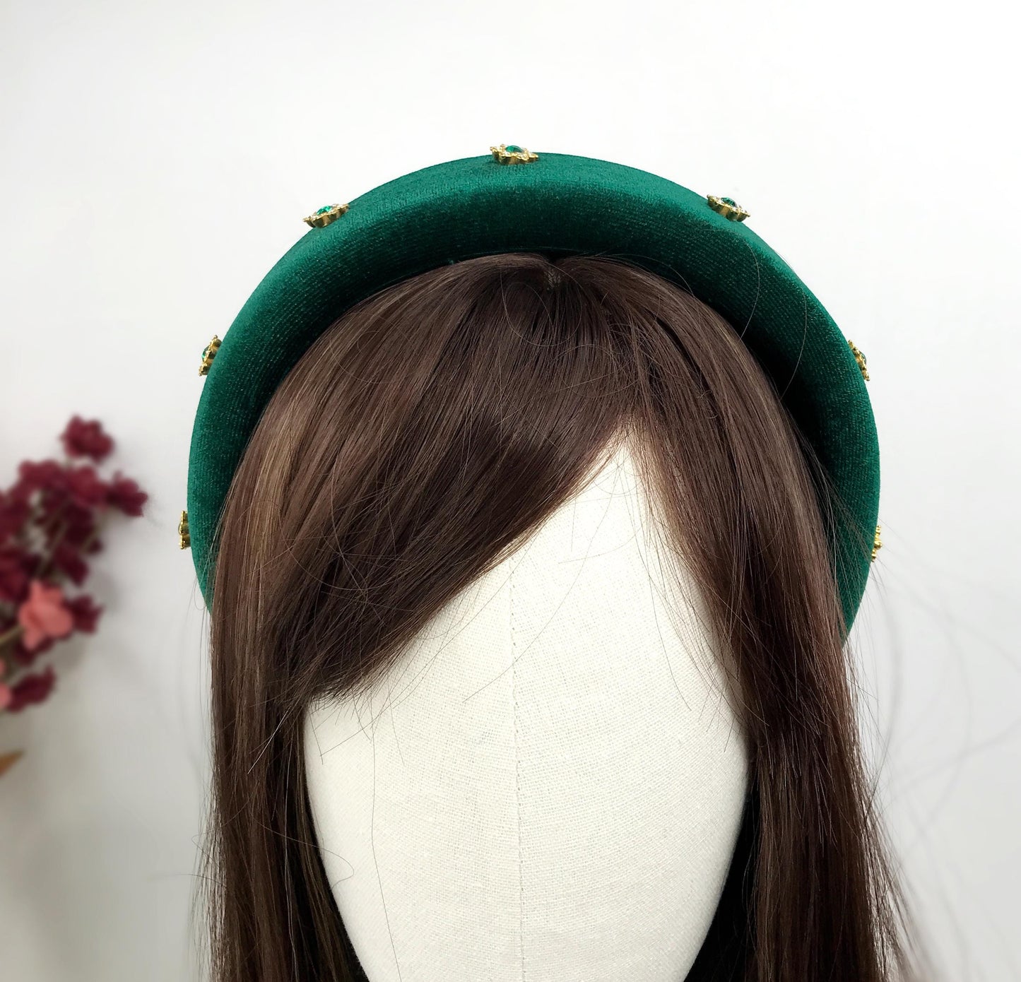 Handmade Green Velvet Gold Plated Clear Emerald Green Crystal Floral Flower Thick Statement Headband