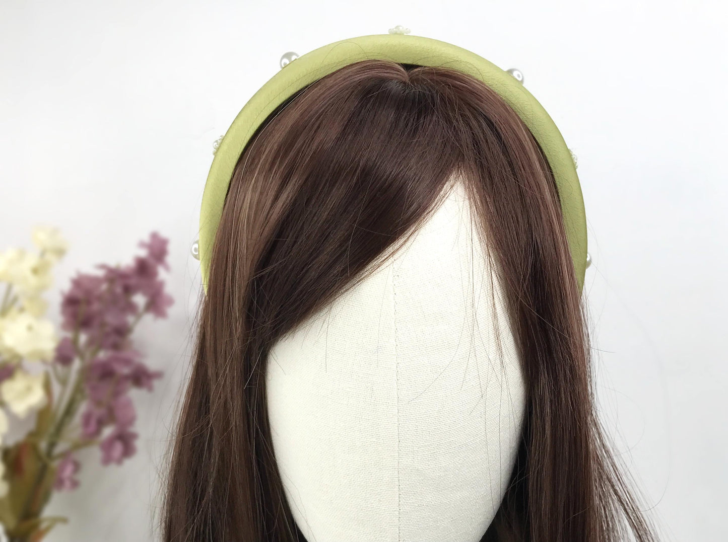 Handmade Light Olive Green Satin Faux Cream Pearl Round Circle Floral Flower Statement Headband