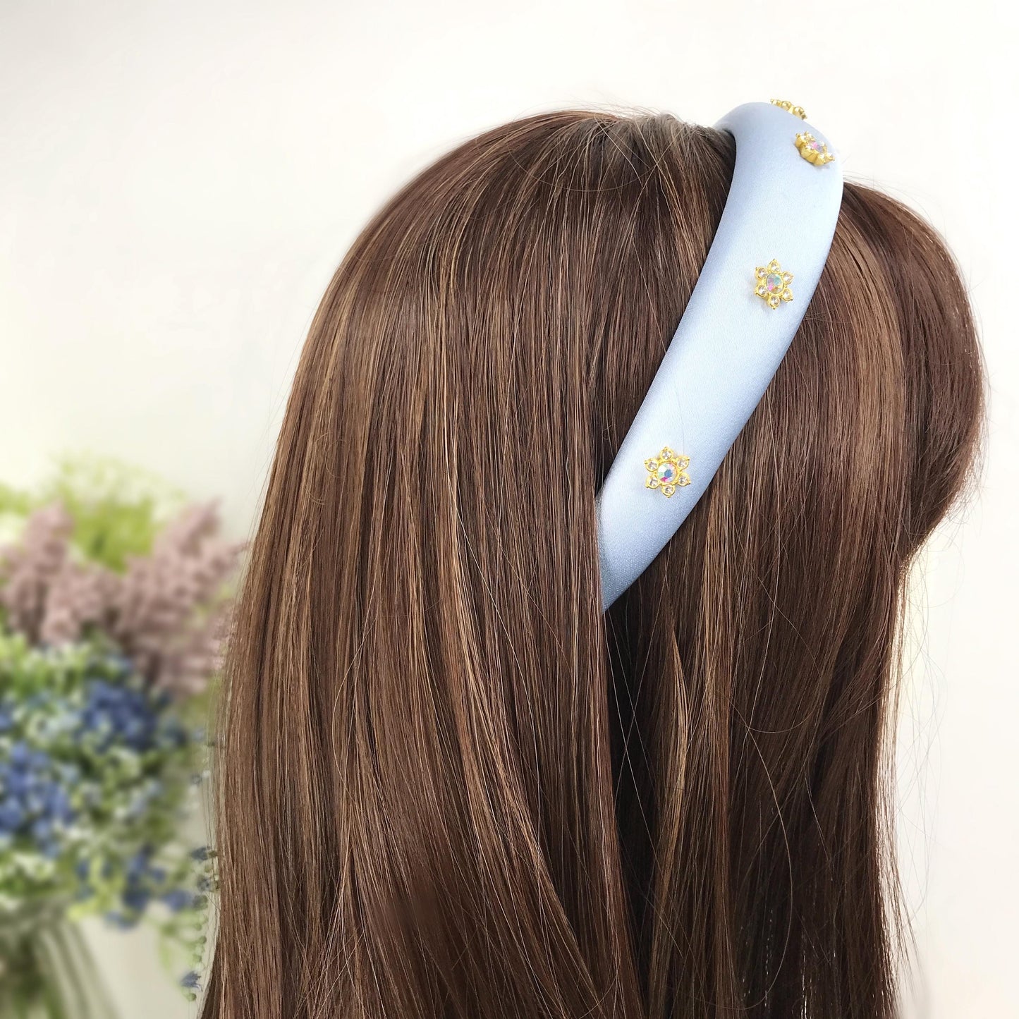 Handmade Powder Blue Satin Aurora Borealis Gold Plated Crystal Floral Flower Statement Headband