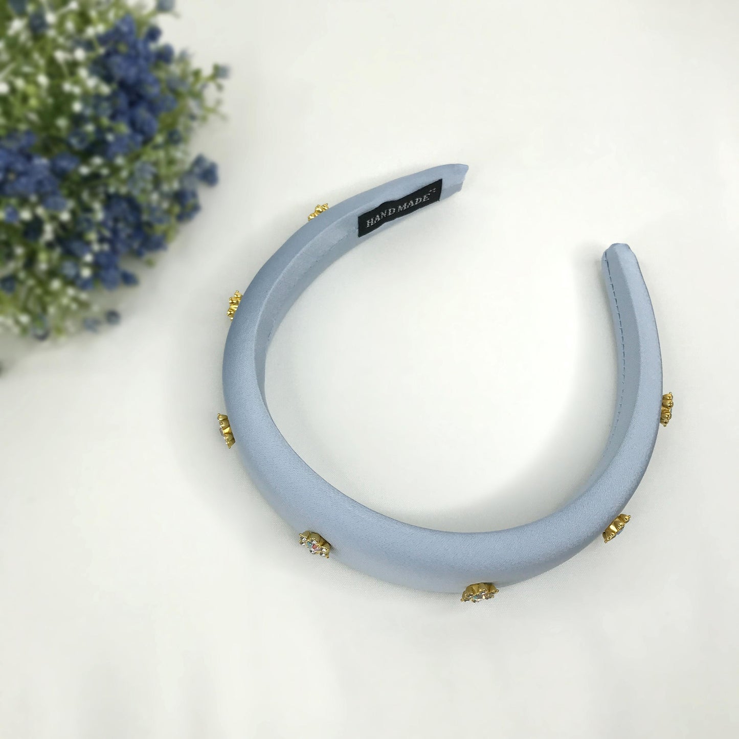 Handmade Powder Blue Satin Aurora Borealis Gold Plated Crystal Floral Flower Statement Headband