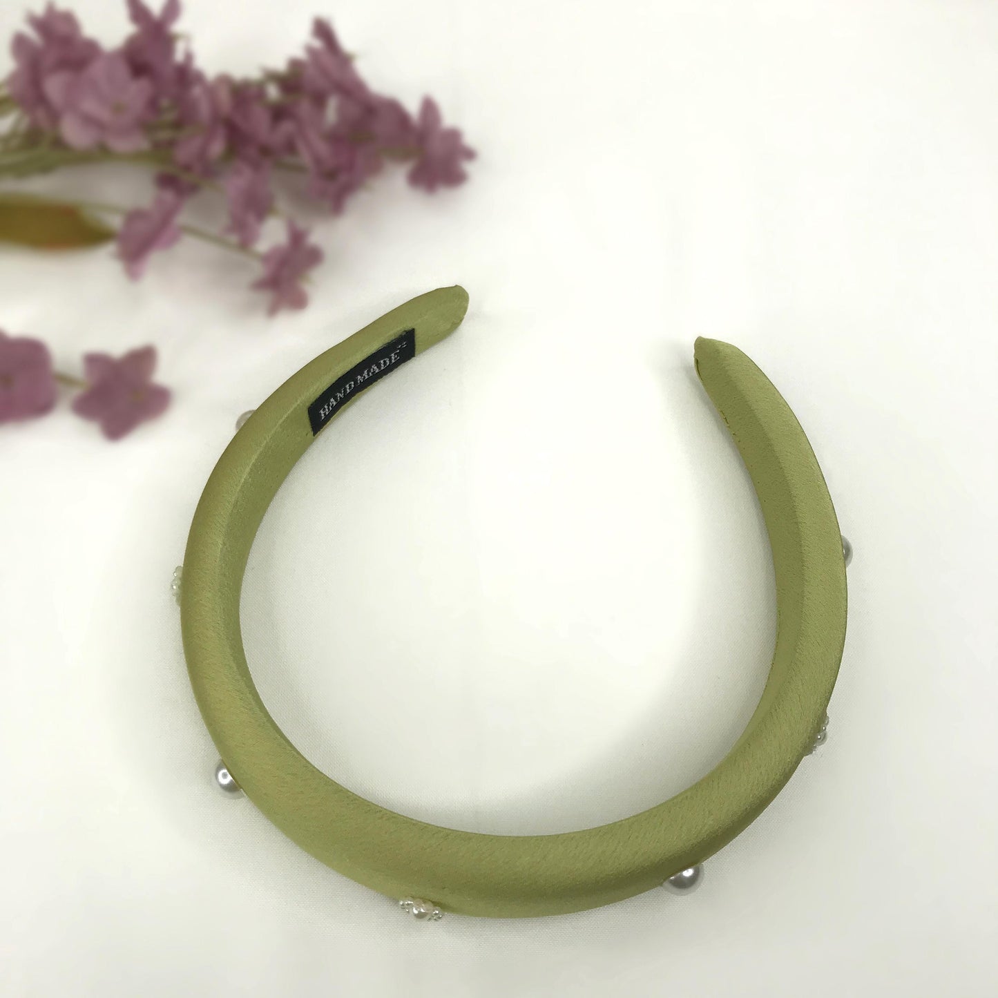 Handmade Light Olive Green Satin Faux Cream Pearl Round Circle Floral Flower Statement Headband