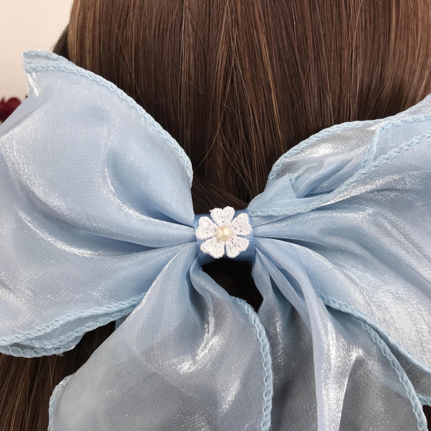 Handmade Light Blue Satin Small White Vintage Lace Floral Flower Cream Faux Pearl Feminine Large Statement Ribbon Bow Hair Clip