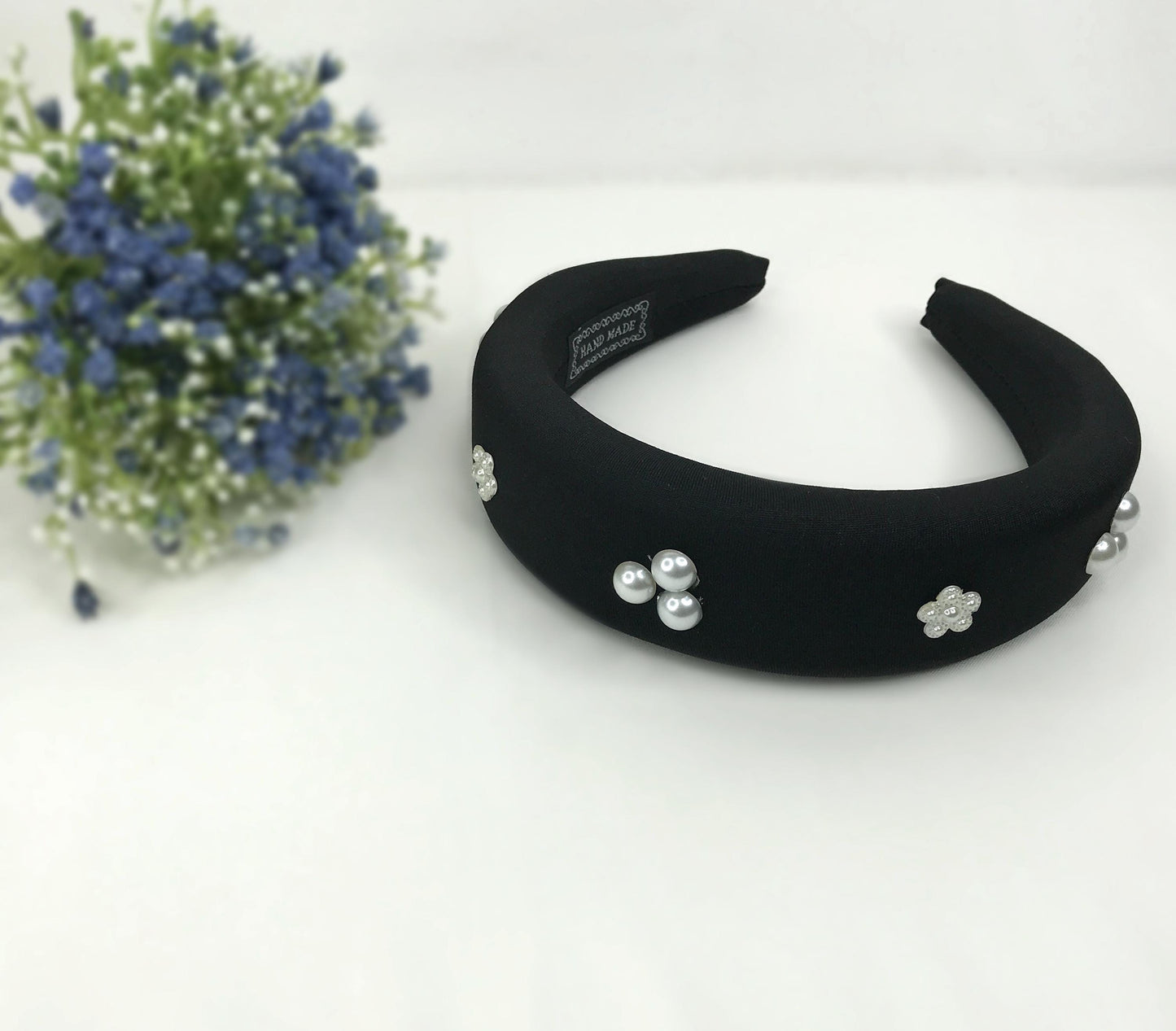 Handmade Black Satin Round Circle Faux Cream Three Pearl Floral Flower Thick Statement Tudor Headband Anne Boleyn Inspired