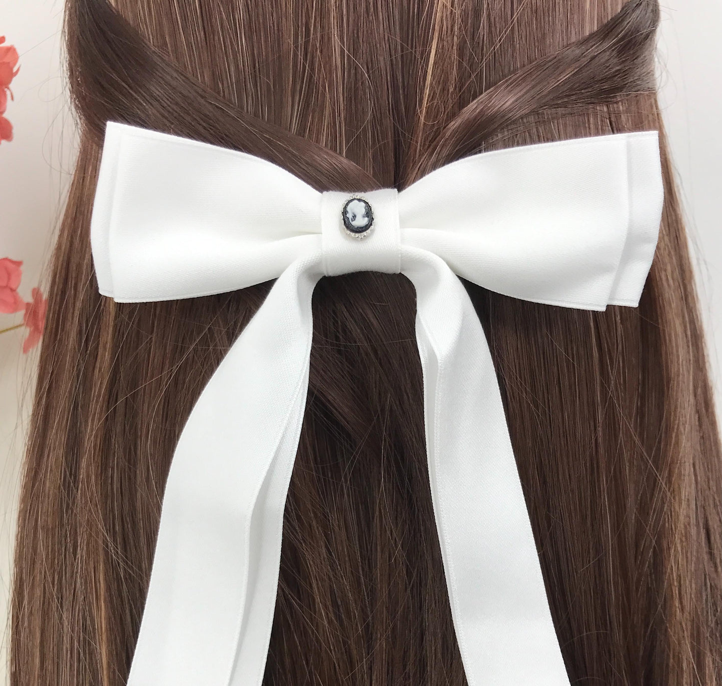 Handmade White Satin Vintage Black Small Dainty Victorian Style Cameo Feminine Large Statement Ribbon Bow Hair Clip