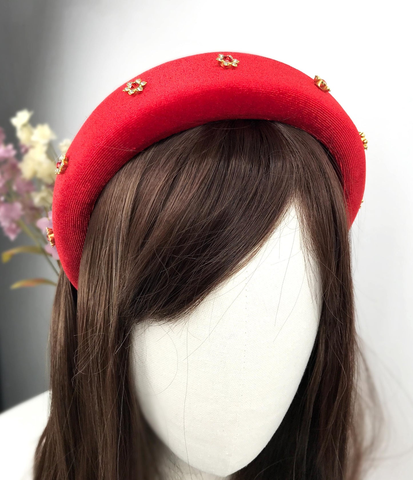 Handmade Red Velvet Gold Plated Clear Red Crystal Floral Flower Thick Statement Headband
