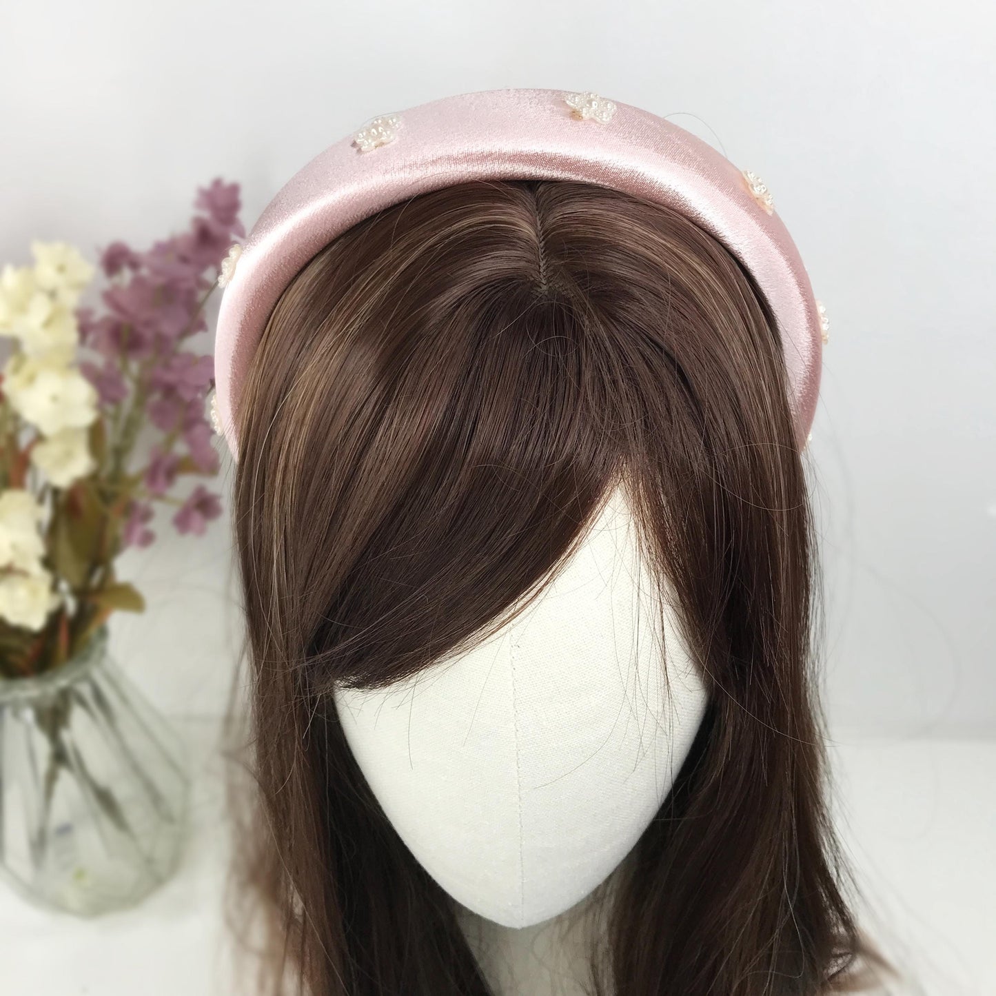 Handmade Light Pink Satin Faux Cream Pearl Floral Flower Feminine Statement Headband