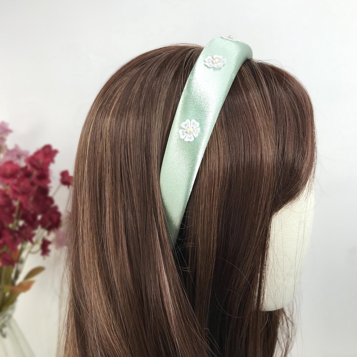 Handmade Mint Green Satin Faux Cream Pearl Round Circle Vintage White Lace Floral Flower Statement Headband