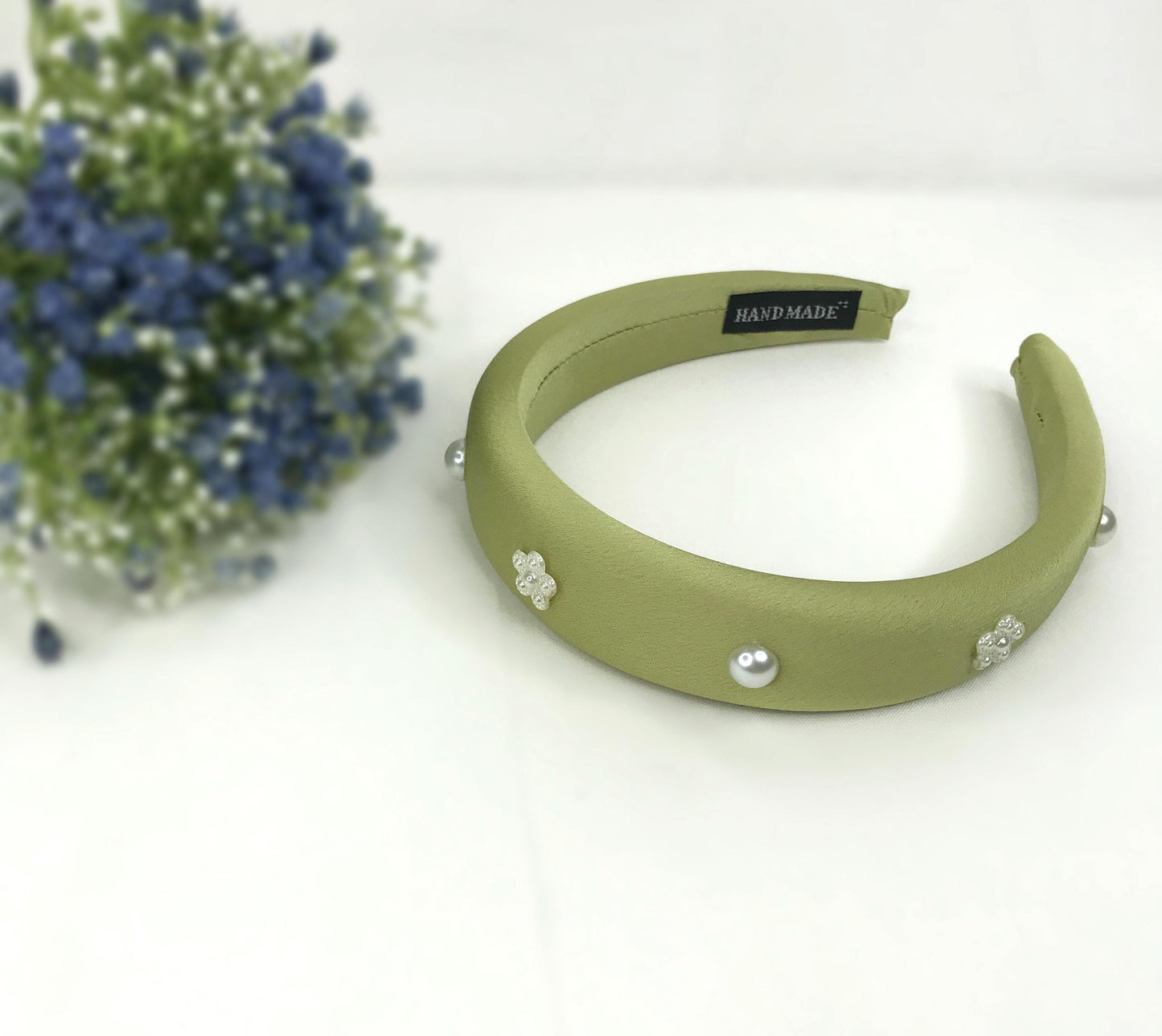 Handmade Light Olive Green Satin Faux Cream Pearl Round Circle Floral Flower Statement Headband