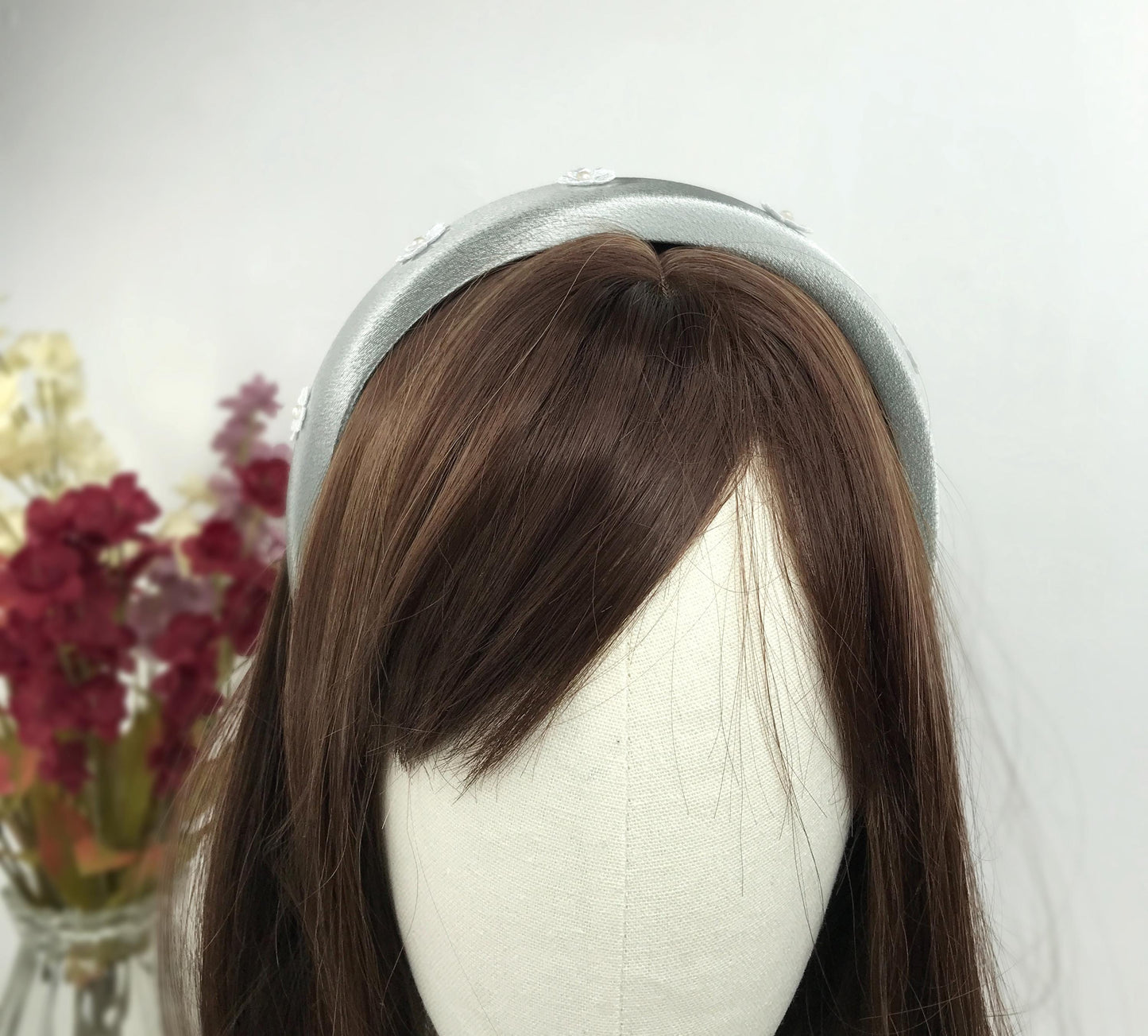 Handmade Silver Grey Satin Faux Cream Pearl Round Circle Vintage White Lace Floral Flower Statement Headband