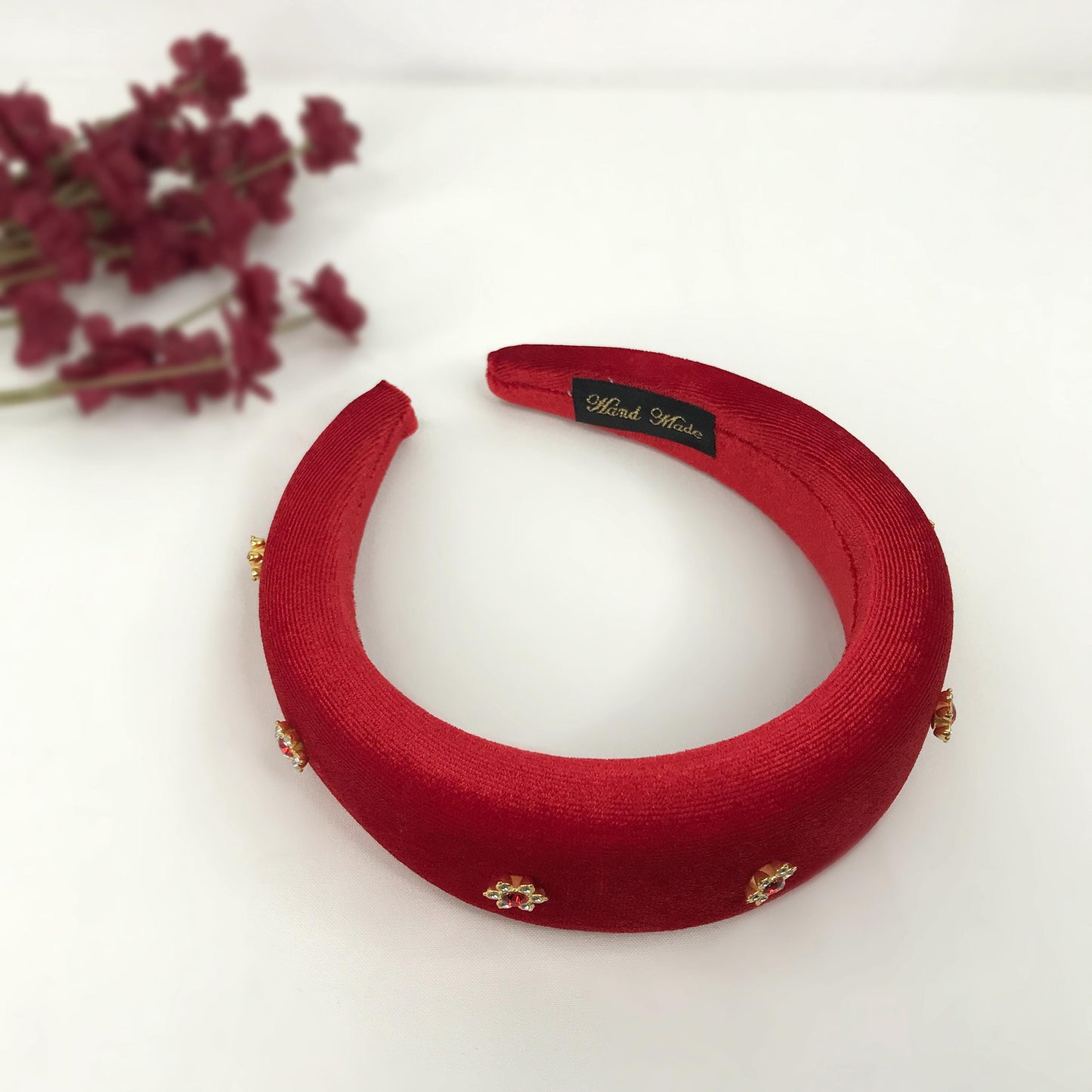 Handmade Red Velvet Gold Plated Clear Red Crystal Floral Flower Thick Statement Headband