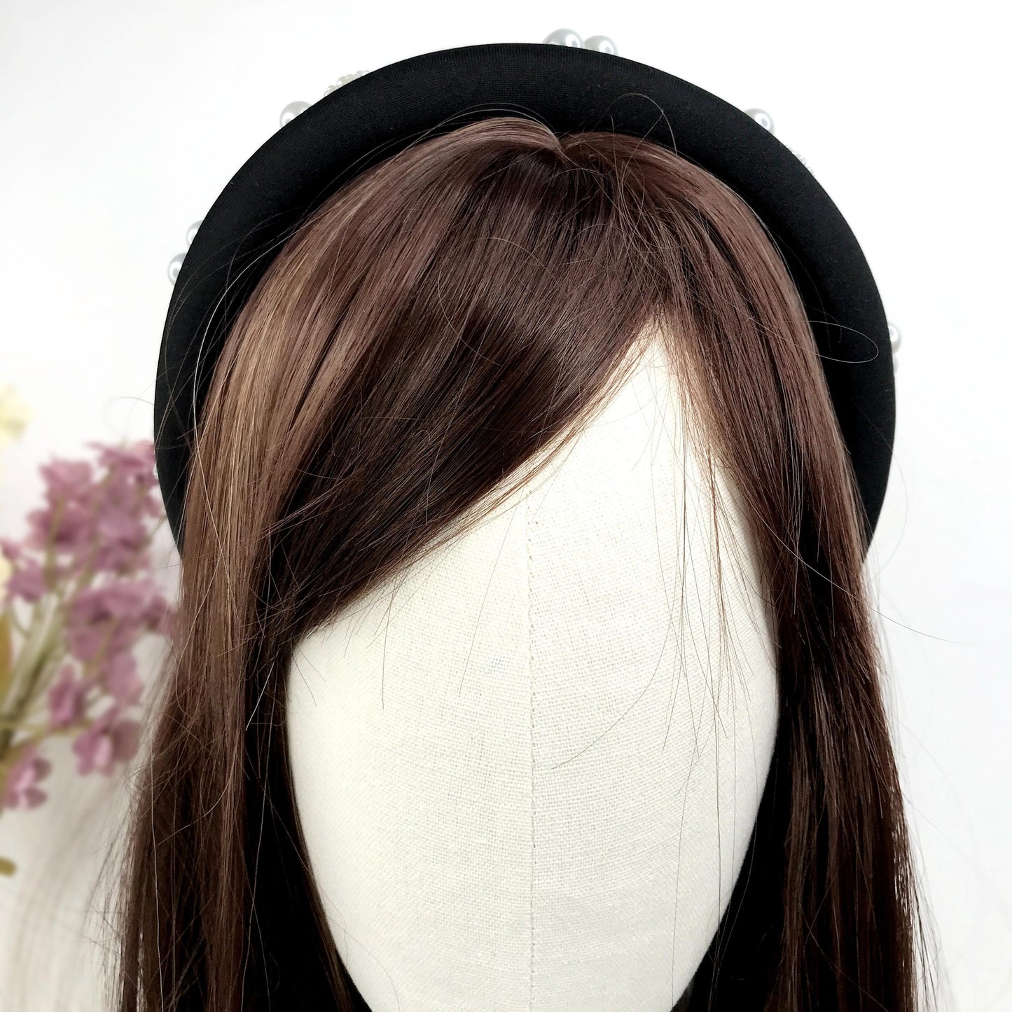Handmade Black Satin Round Circle Faux Cream Three Pearl Floral Flower Thick Statement Tudor Headband Anne Boleyn Inspired