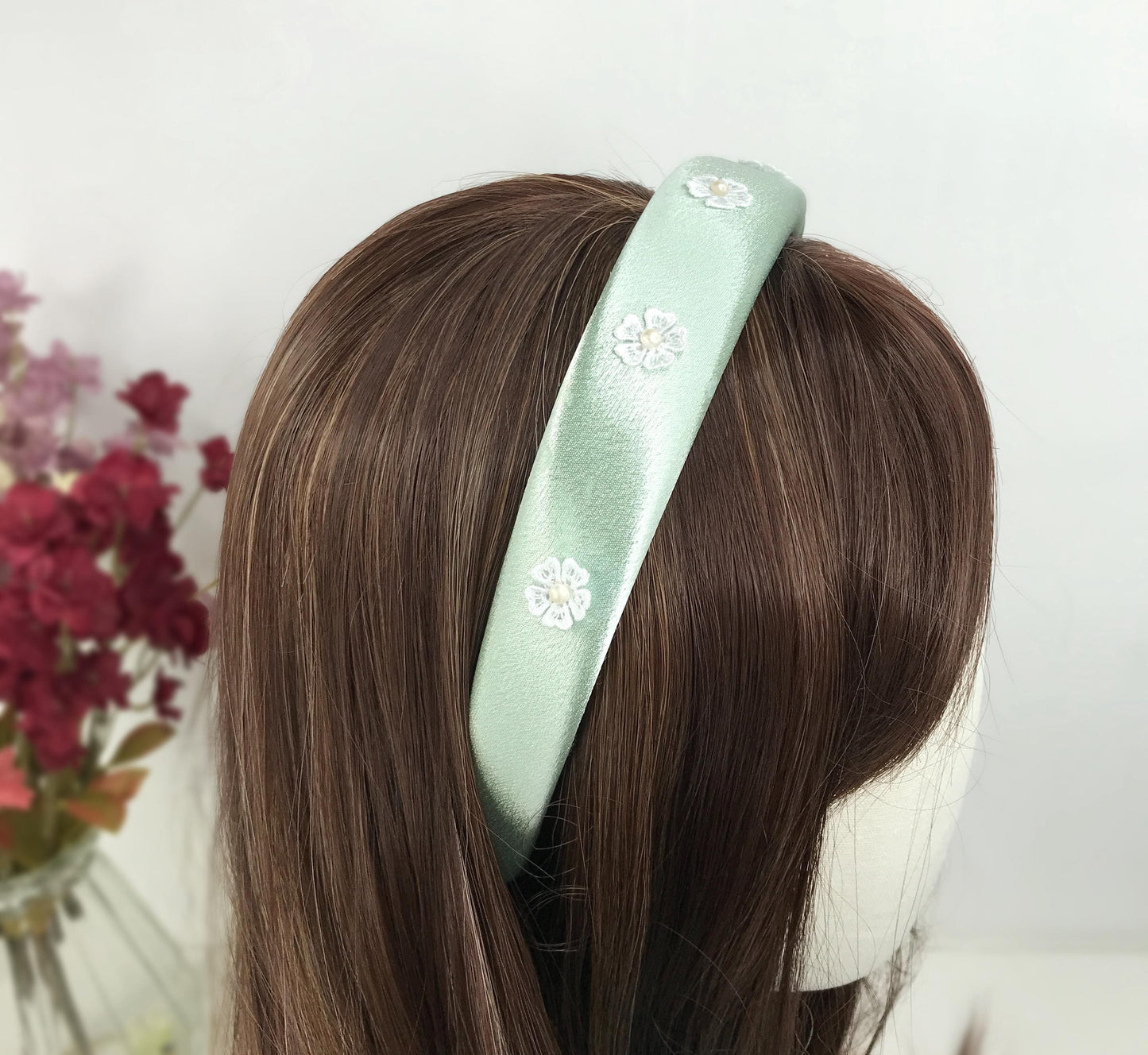 Handmade Mint Green Satin Faux Cream Pearl Round Circle Vintage White Lace Floral Flower Statement Headband