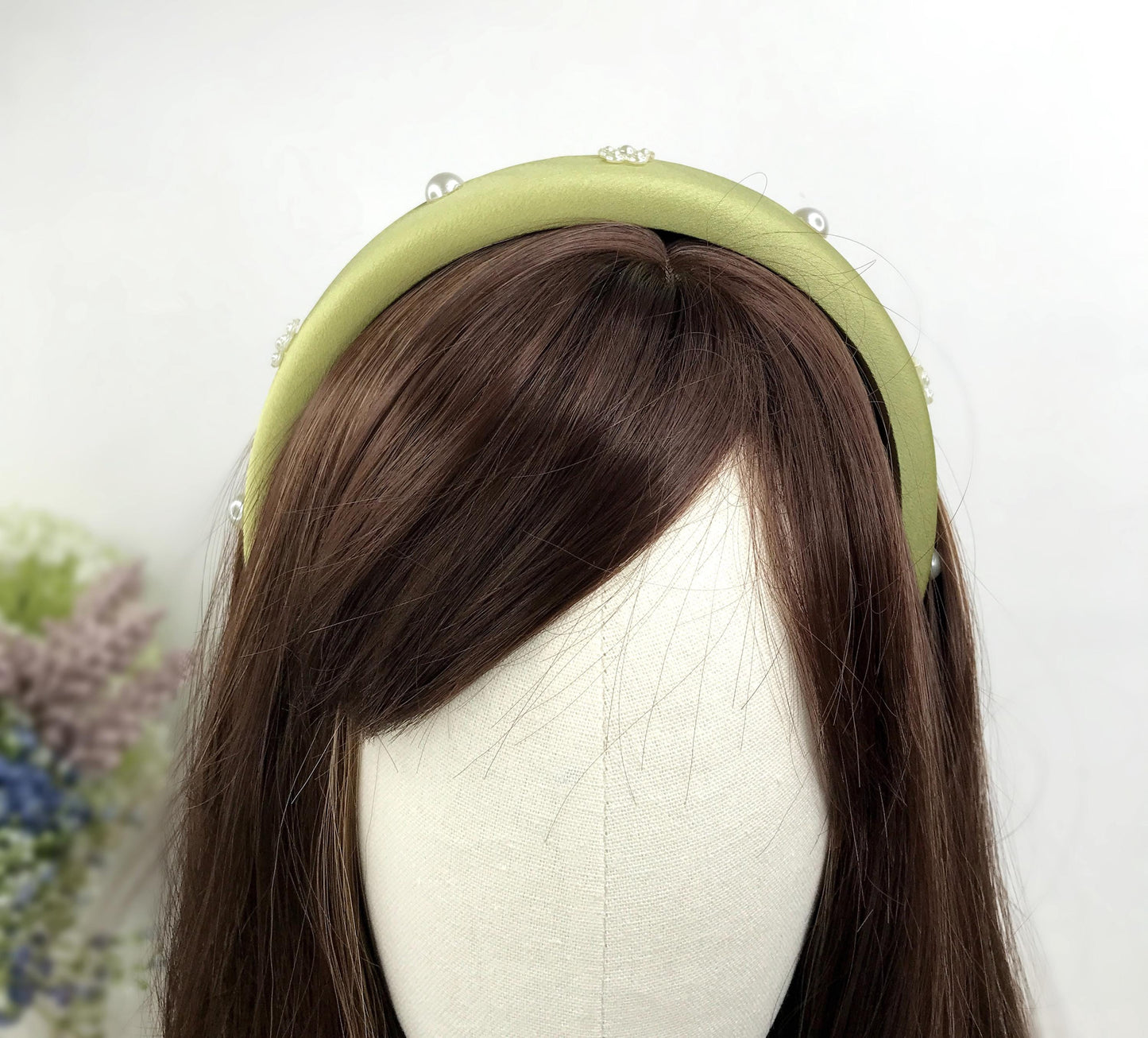 Handmade Light Olive Green Satin Faux Cream Pearl Round Circle Floral Flower Statement Headband