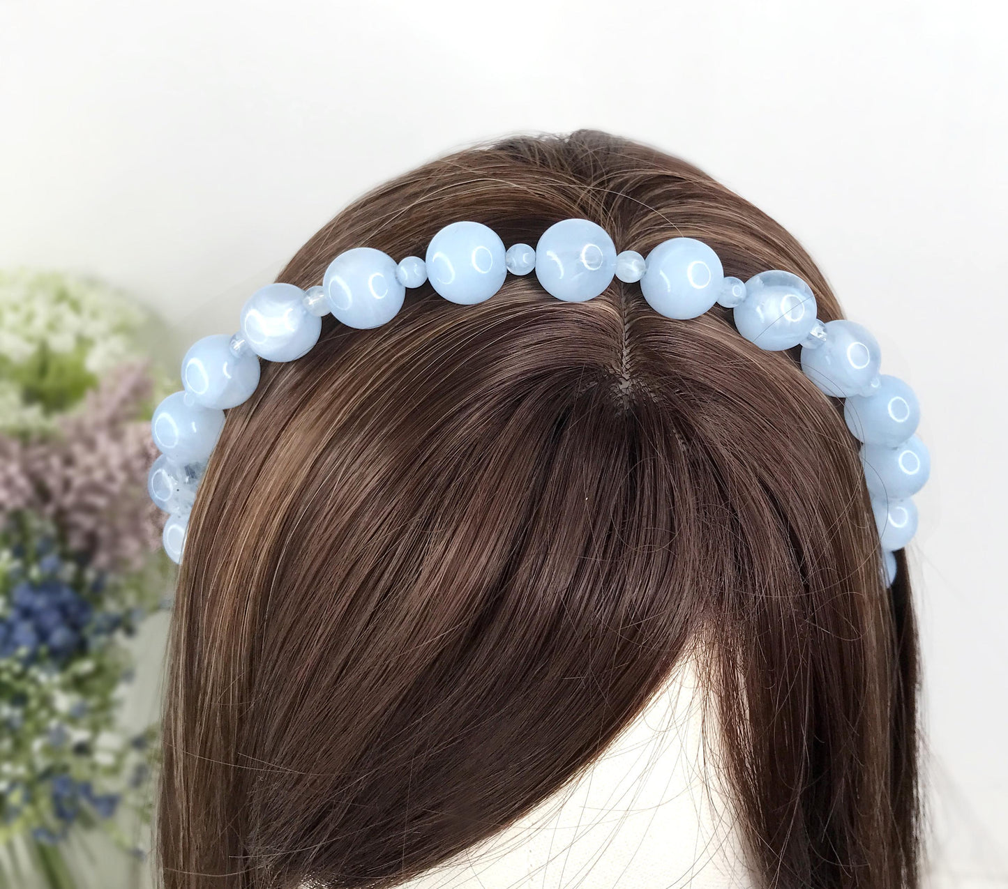 Handmade Powder Blue Round Circle Marble Effect Resin Beads Statement Headband
