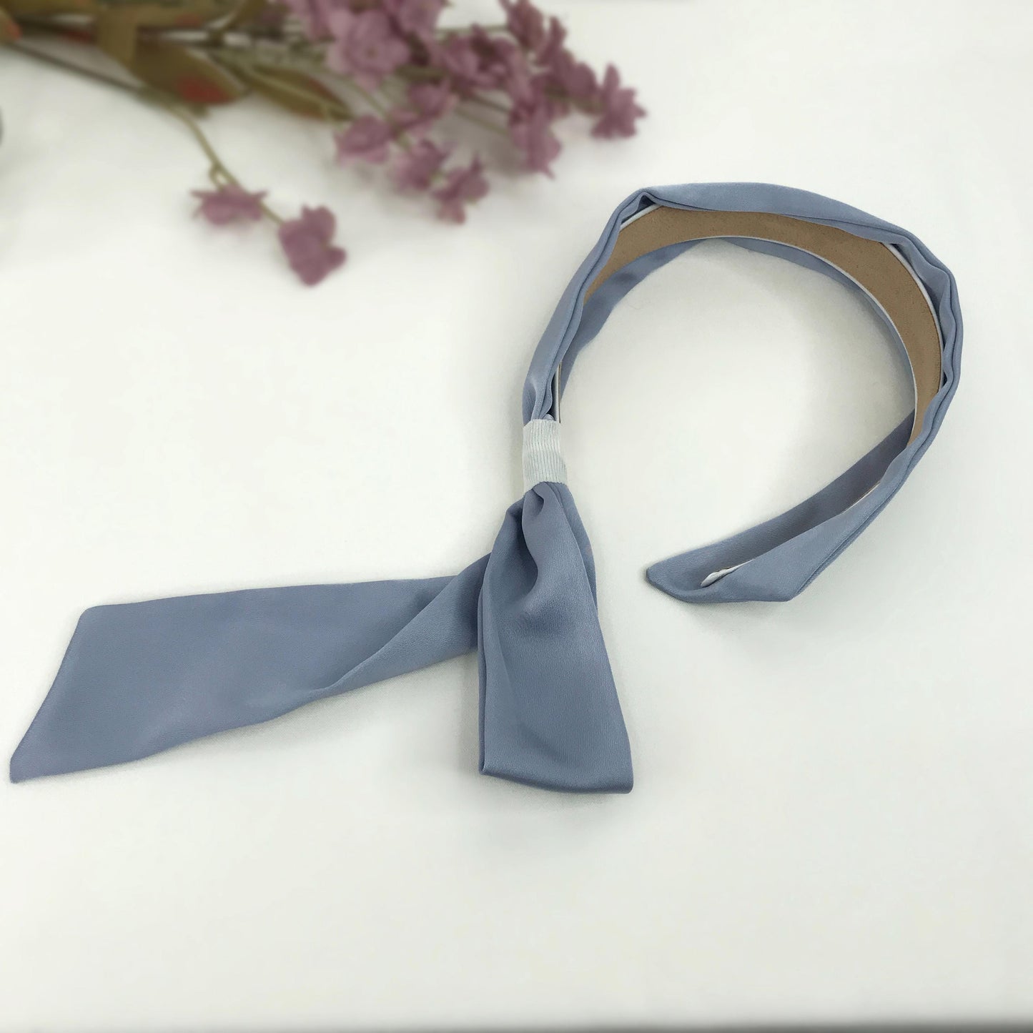 Handmade Periwinkle Blue Satin Side Flowing Ribbon Statement Feminine Headband Vintage 60s Audrey Hepburn Inspired