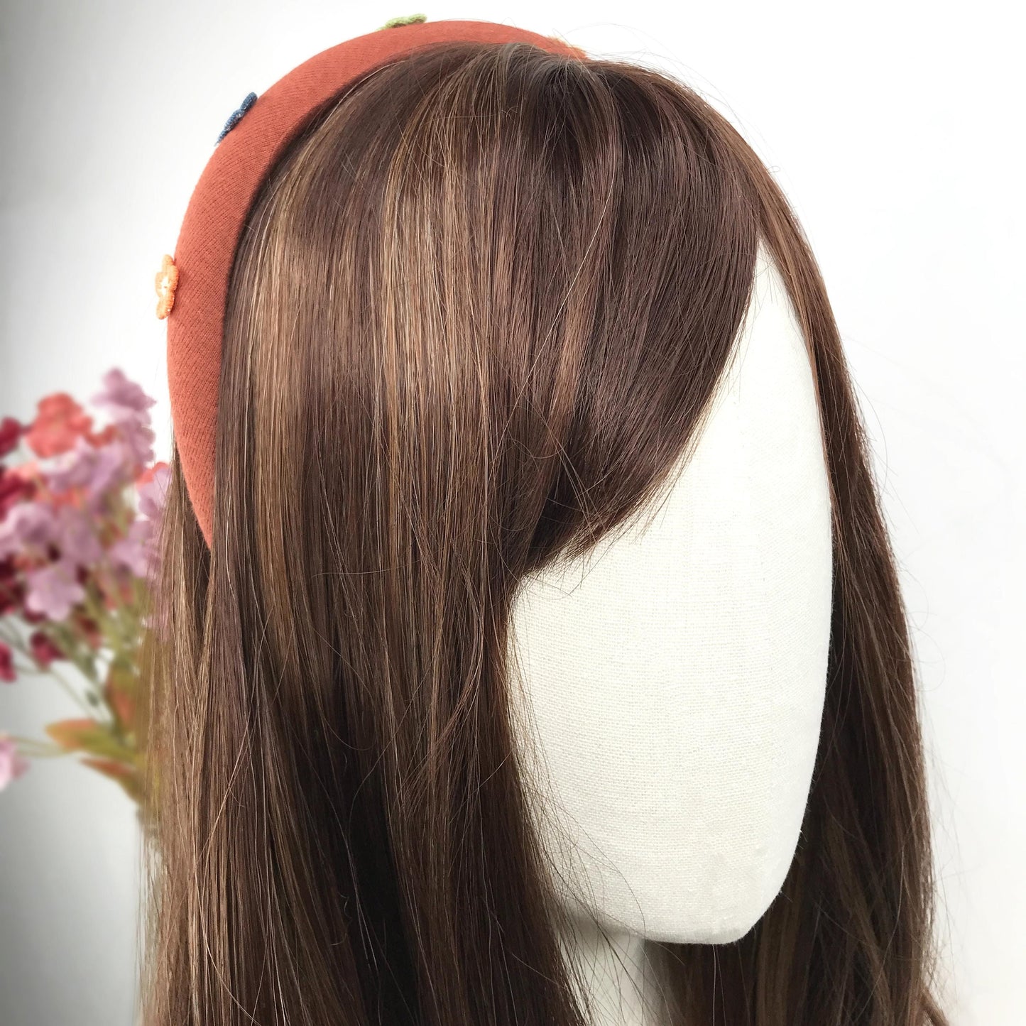 Handmade Burnt Orange Cotton Orange Blue Green Cream Daisy Floral Flower Statement Headband