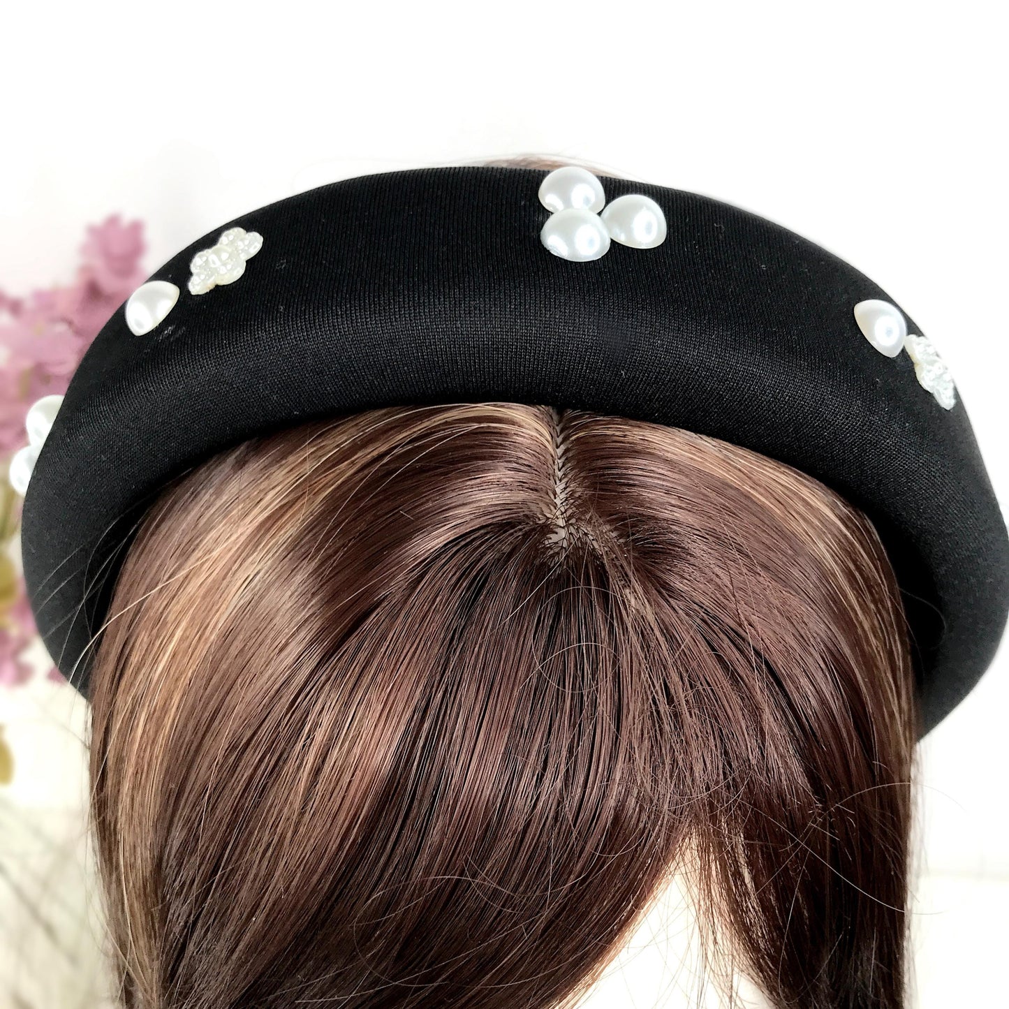 Handmade Black Satin Round Circle Faux Cream Three Pearl Floral Flower Thick Statement Tudor Headband Anne Boleyn Inspired