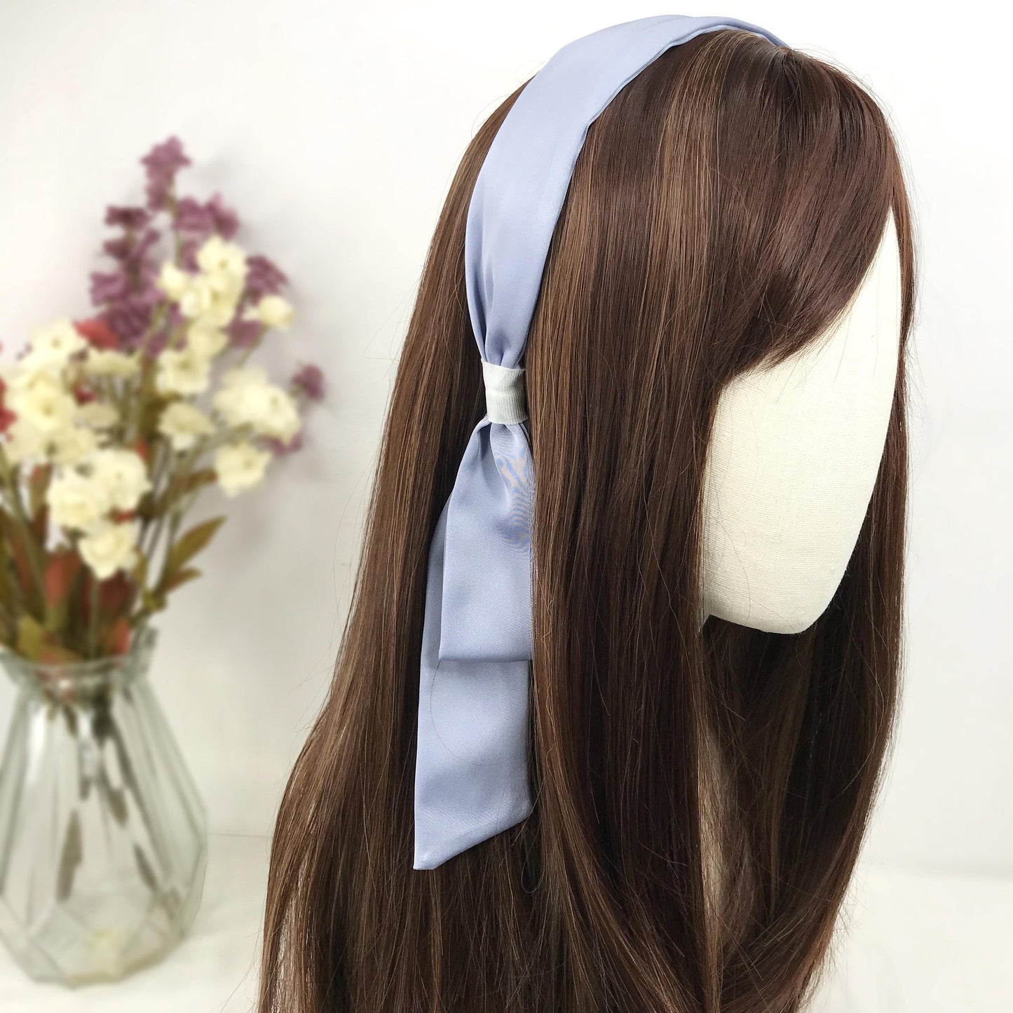 Handmade Periwinkle Blue Satin Side Flowing Ribbon Statement Feminine Headband Vintage 60s Audrey Hepburn Inspired