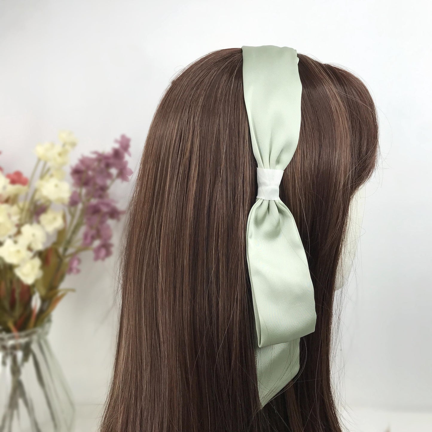 Handmade Sage Green Satin Side Flowing Ribbon Statement Feminine Headband Vintage 60s Audrey Hepburn Inspired