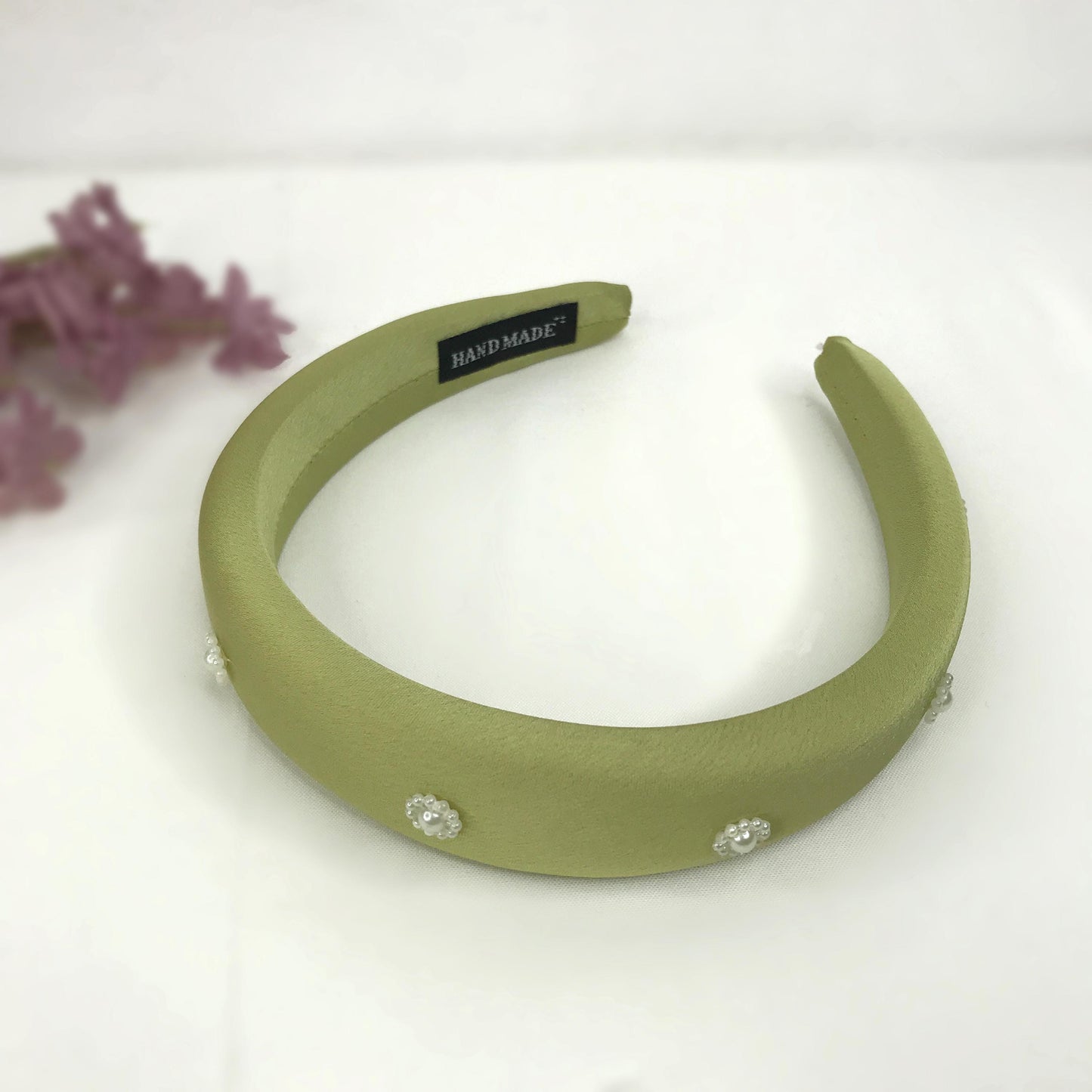 Handmade Light Olive Green Satin Faux Cream Pearl Floral Flower Statement Headband