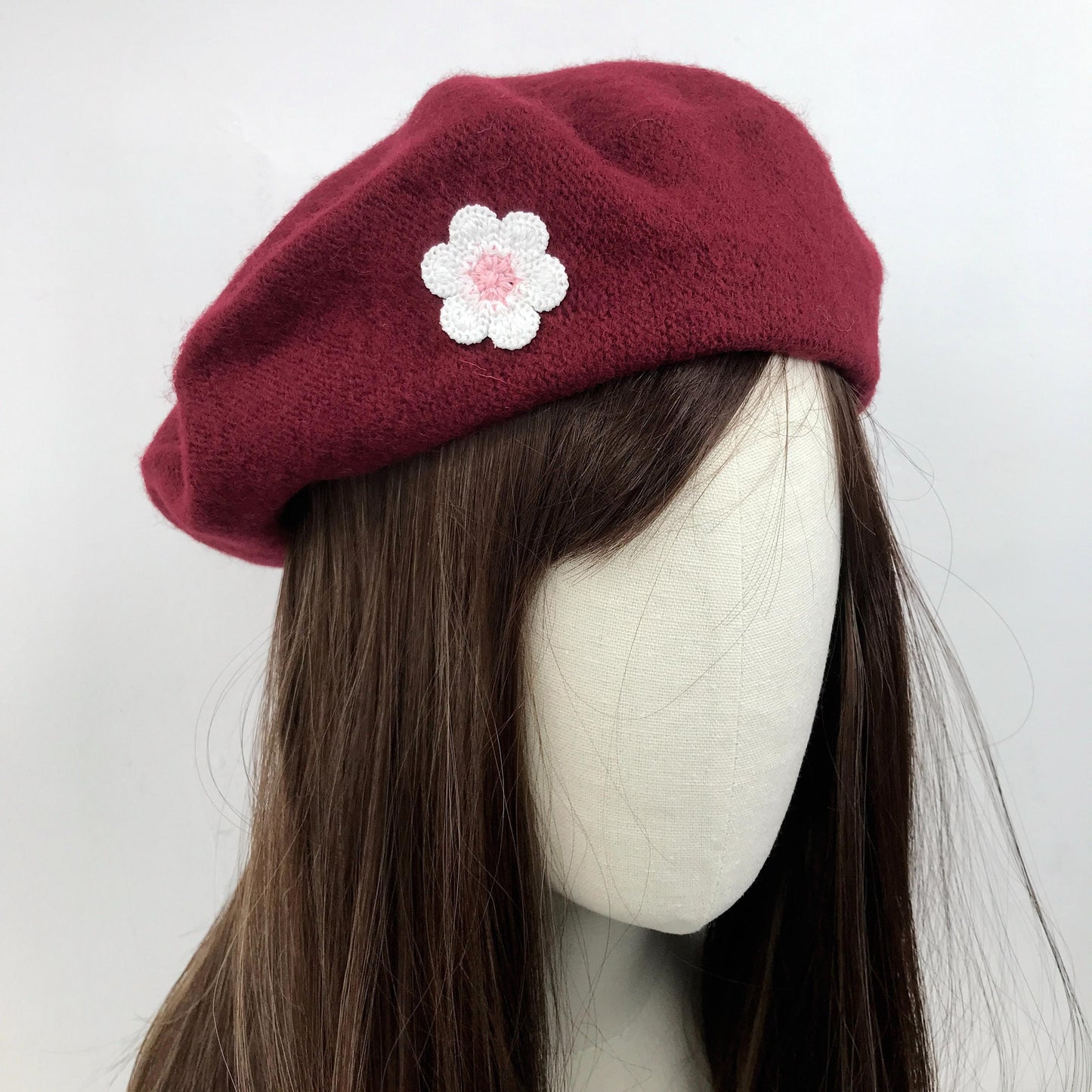Burgundy Red Wool White Pink Daisy Floral Flower Cute French Style Chic Beret Hat